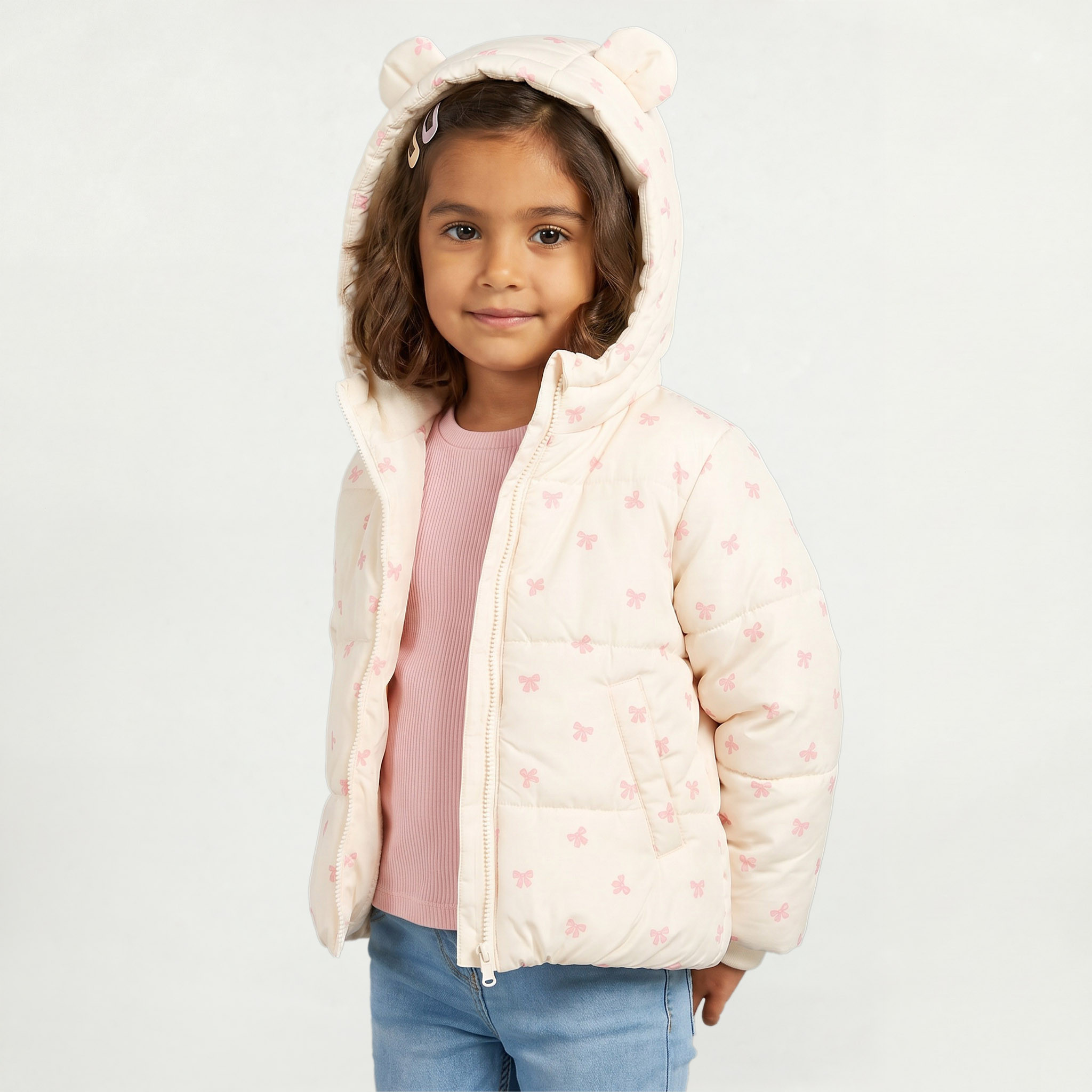 جاكيت منفوخ بطبعات فيونكة وسحاب إغلاق من جونيورز-baby-girls-clothing-winterwear-jacketsandcoats-image-1