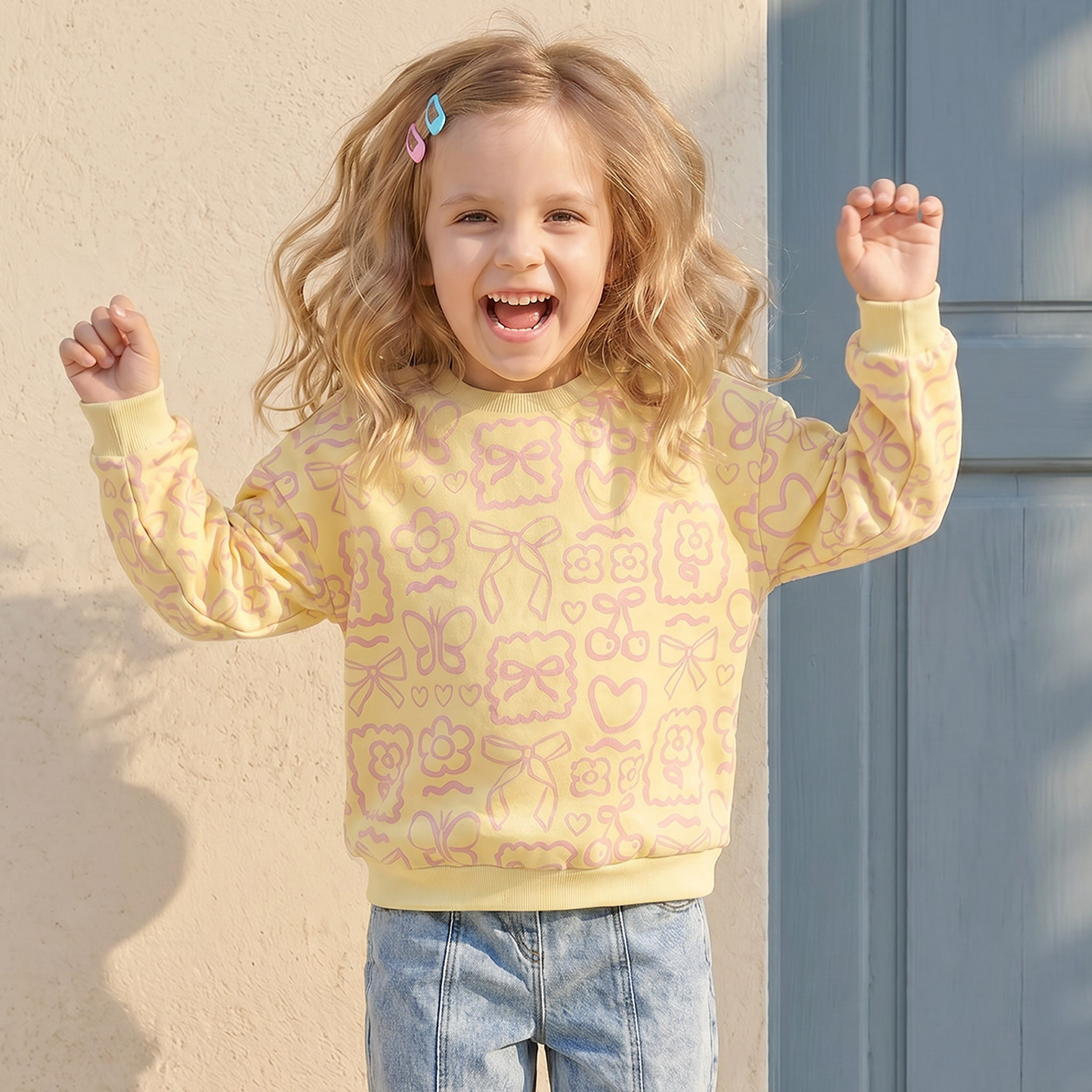 Juniors Round Neck Sweatshirt with Bow and Floral Print-girls-clothing-sweatshirts-image-1
