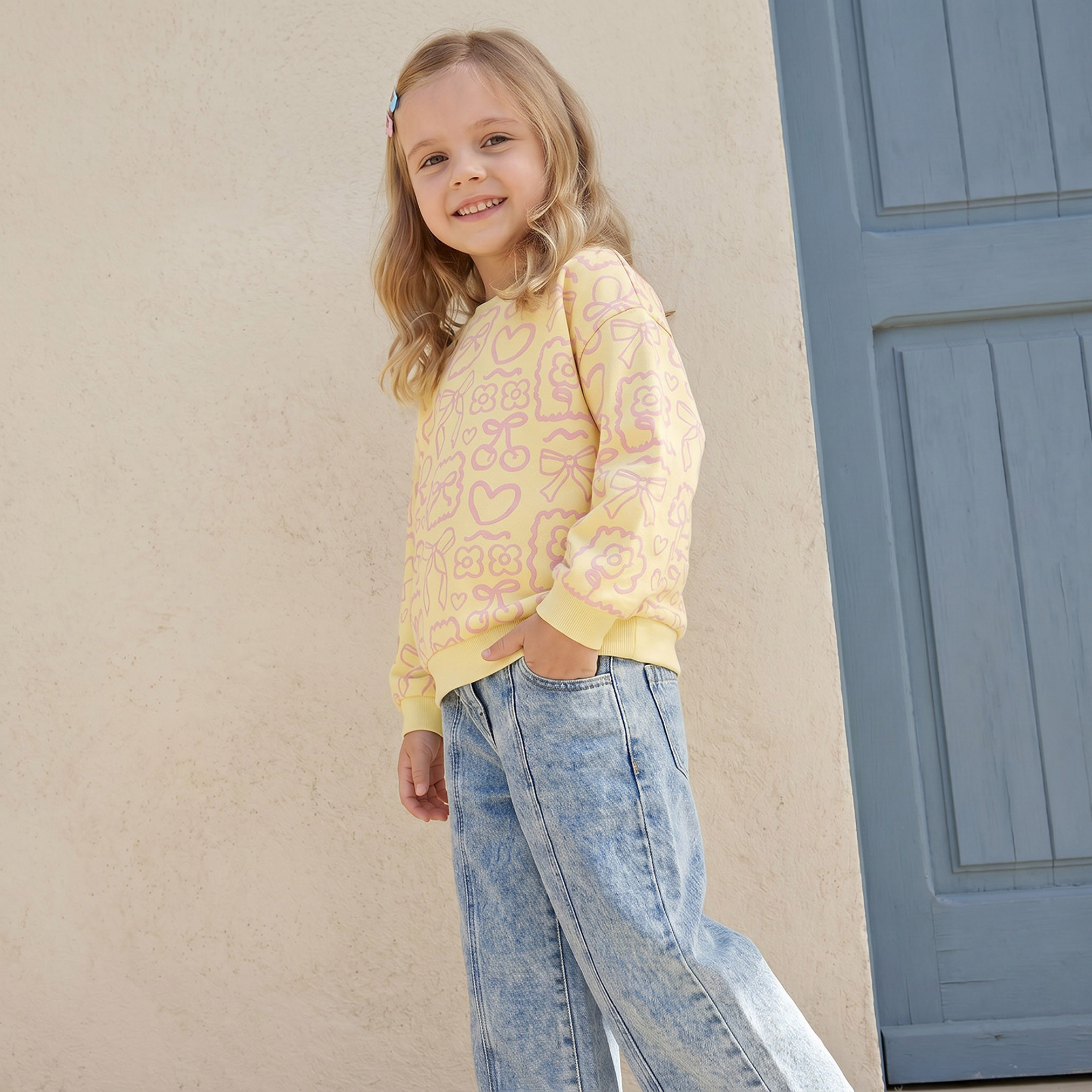 Juniors Round Neck Sweatshirt with Bow and Floral Print-girls-clothing-sweatshirts-image-5