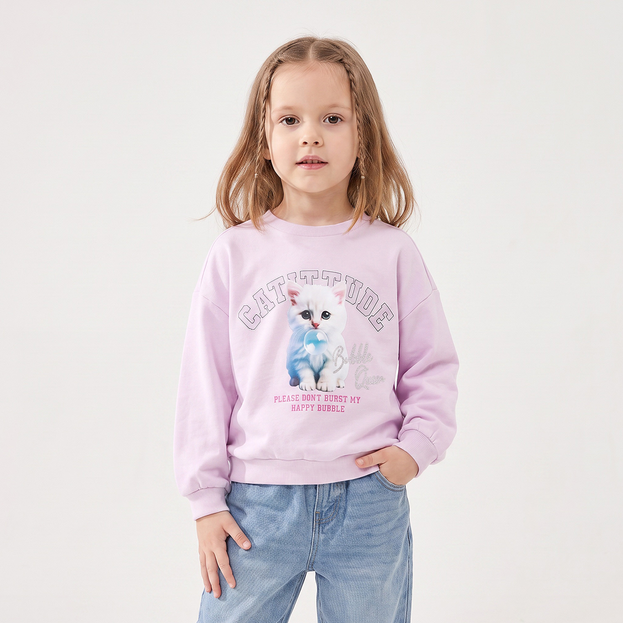 Juniors Cat Print Sweatshirt with Long Sleeves-girls-clothing-sweatshirts-image-1