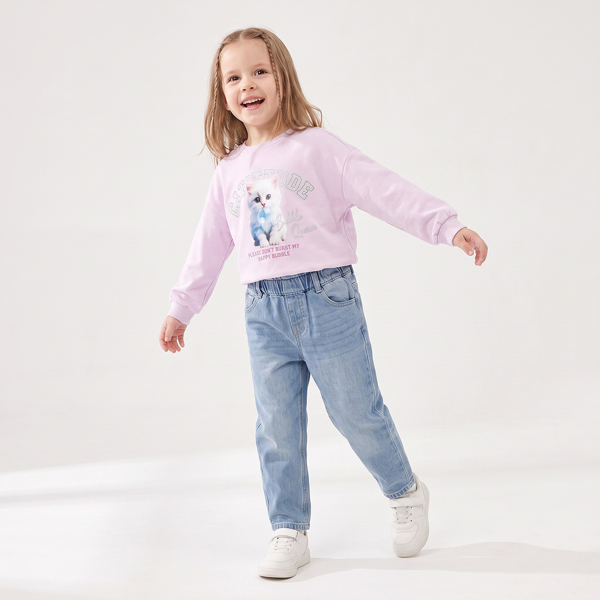 Juniors Cat Print Sweatshirt with Long Sleeves-girls-clothing-sweatshirts-image-2