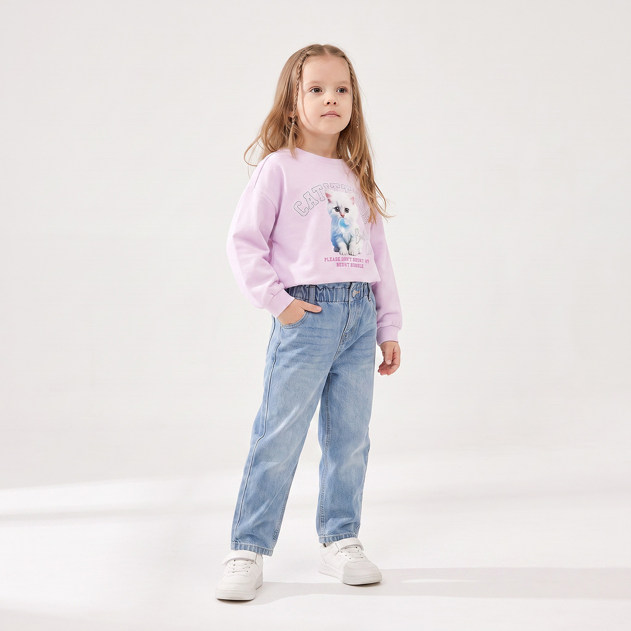 Juniors Cat Print Sweatshirt with Long Sleeves-girls-clothing-sweatshirts-image-4