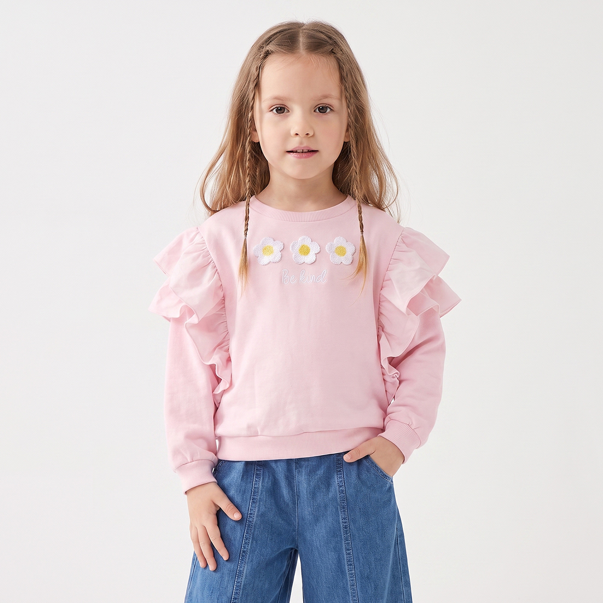 Juniors Crew Neck Sweatshirt with Floral Applique-girls-clothing-sweatshirts-image-1