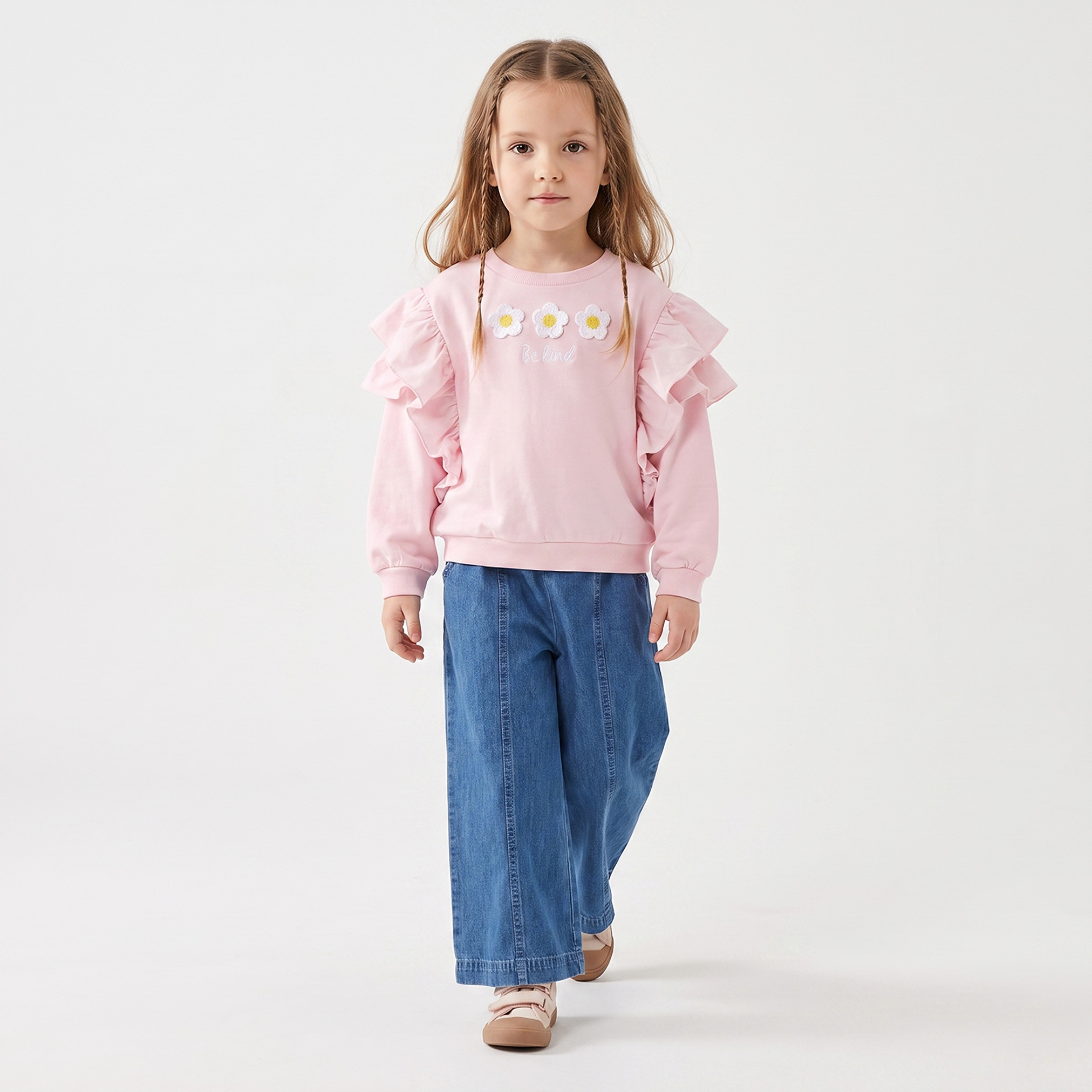 Juniors Crew Neck Sweatshirt with Floral Applique-girls-clothing-sweatshirts-image-2