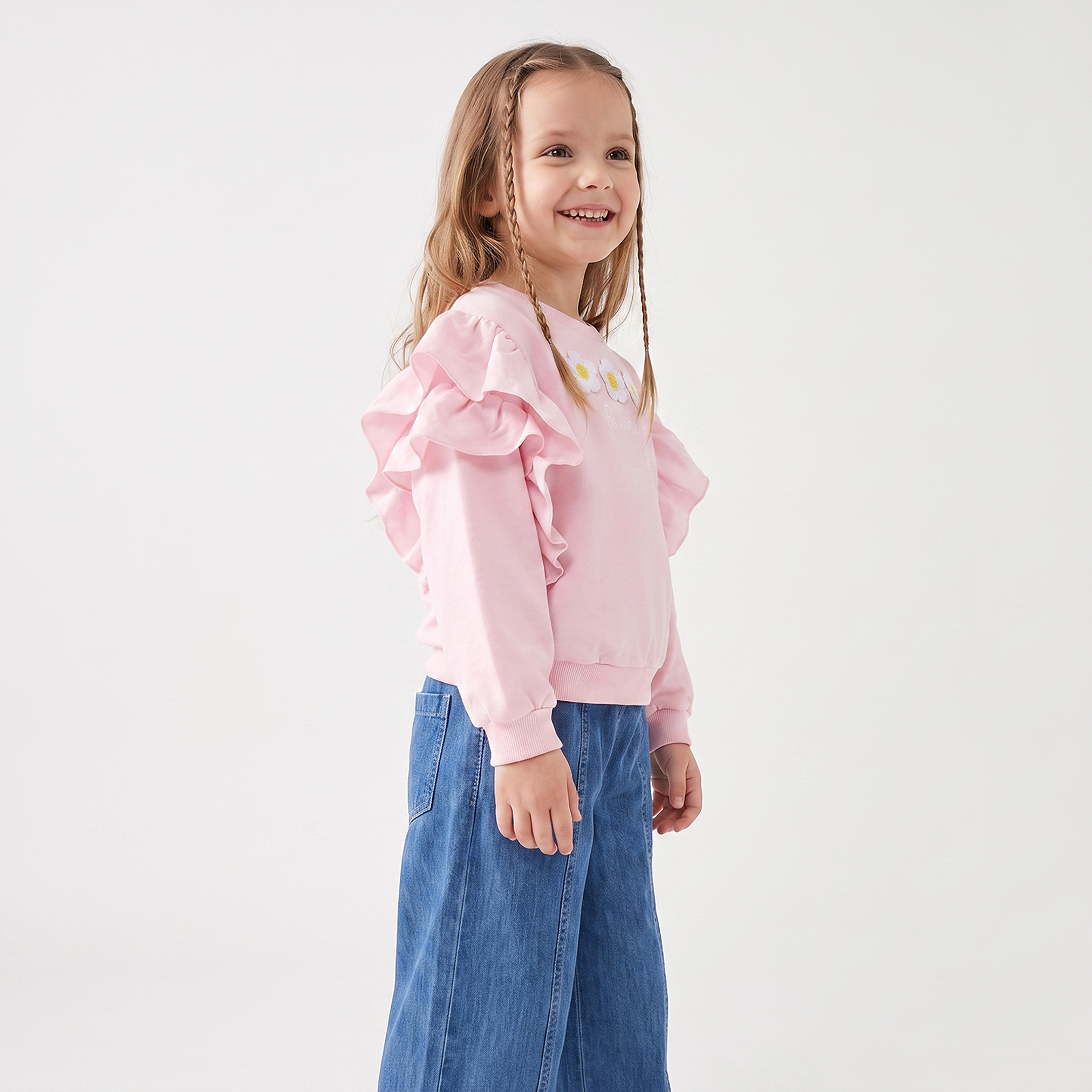 Juniors Crew Neck Sweatshirt with Floral Applique-girls-clothing-sweatshirts-image-4