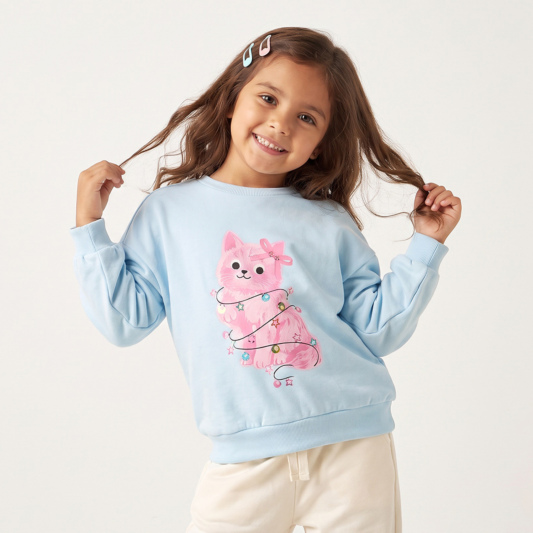 Juniors Cotton Crew Neck Sweatshirt with Cat Print-girls-clothing-sweatshirts-image-1