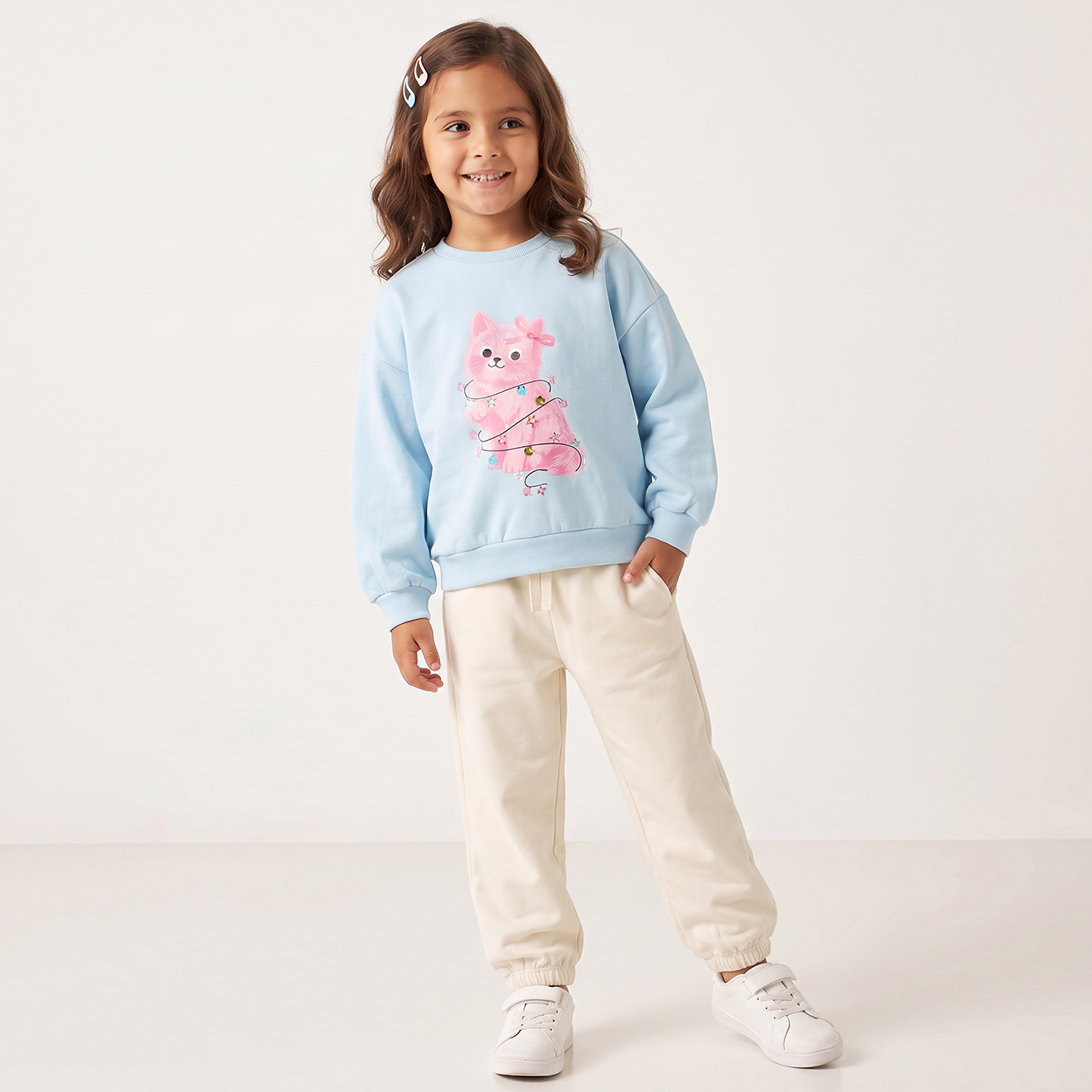 Juniors Cotton Crew Neck Sweatshirt with Cat Print-girls-clothing-sweatshirts-image-3