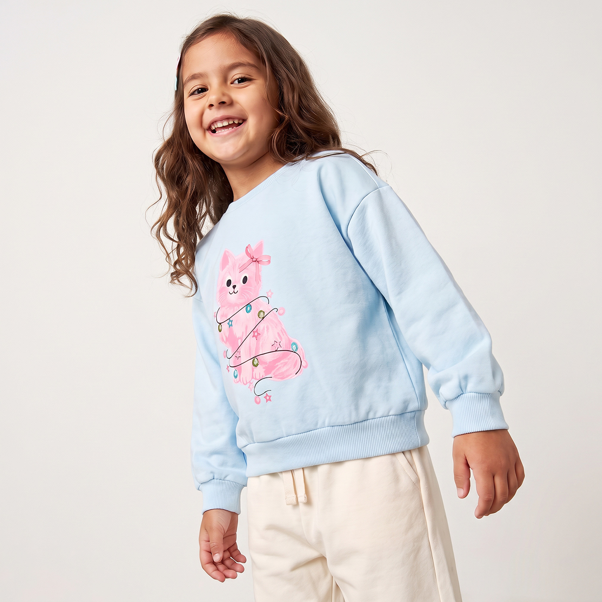 Juniors Cotton Crew Neck Sweatshirt with Cat Print-girls-clothing-sweatshirts-image-5