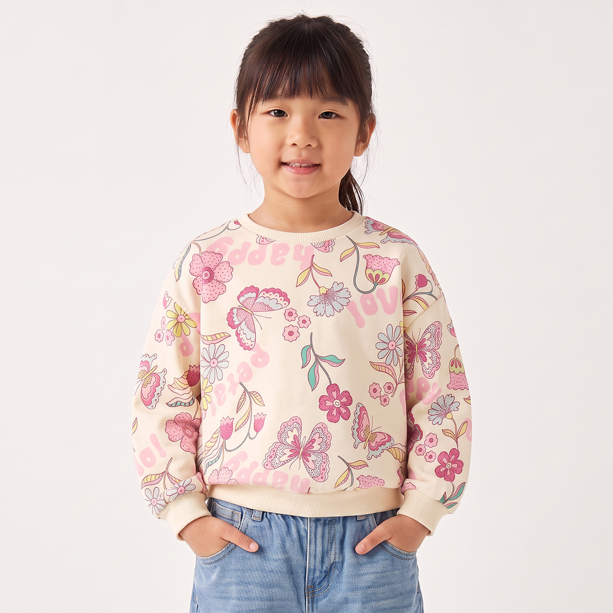 Juniors Butterfly Print Sweatshirt with Long Sleeves-girls-clothing-sweatshirts-image-1