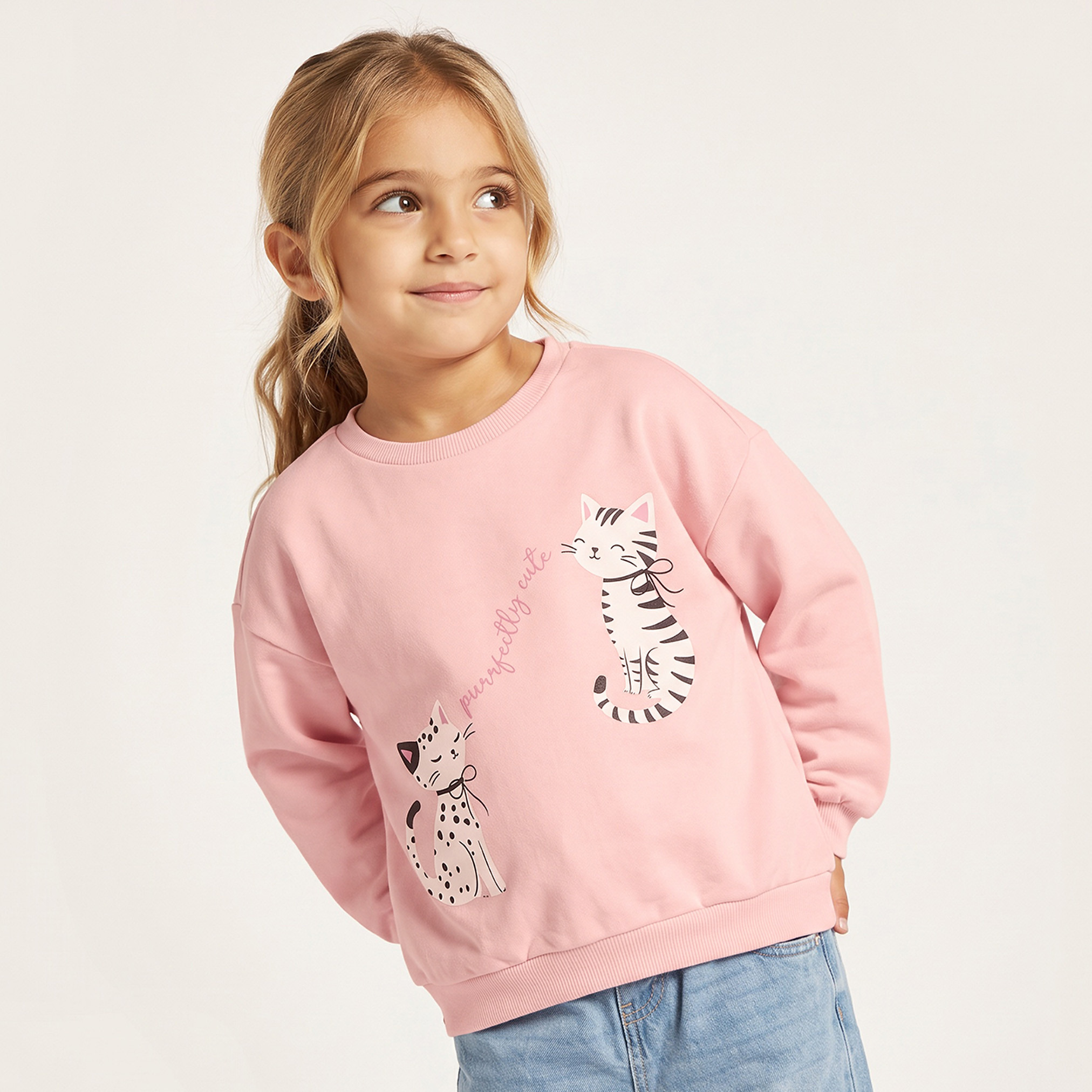 Juniors Cotton Crew Neck Sweatshirt with Cat Print-girls-clothing-sweatshirts-image-1
