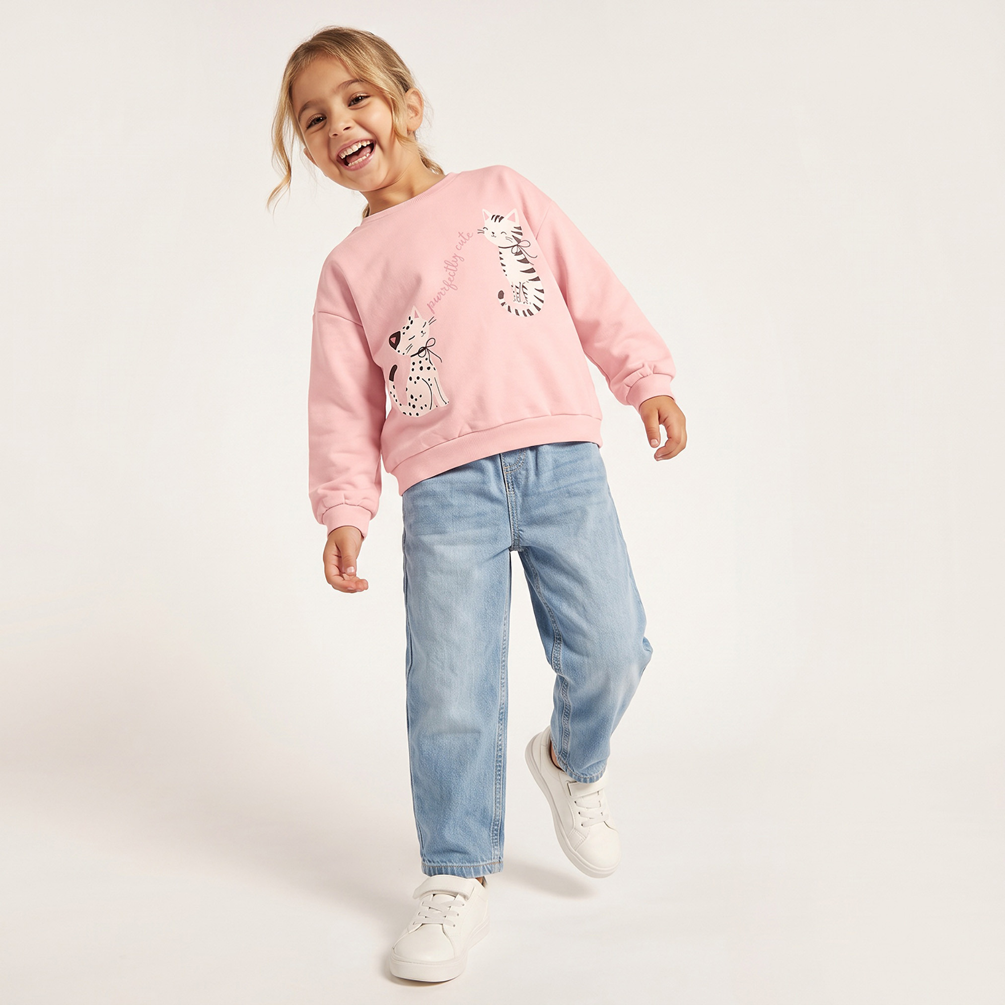 Juniors Cotton Crew Neck Sweatshirt with Cat Print-girls-clothing-sweatshirts-image-3