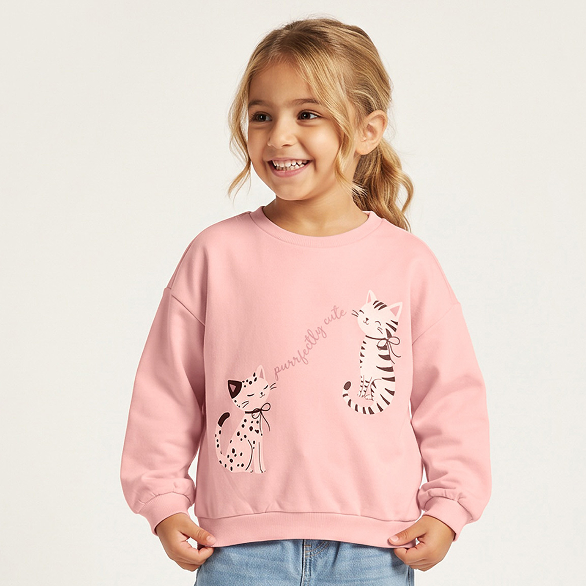 Juniors Cotton Crew Neck Sweatshirt with Cat Print-girls-clothing-sweatshirts-image-5