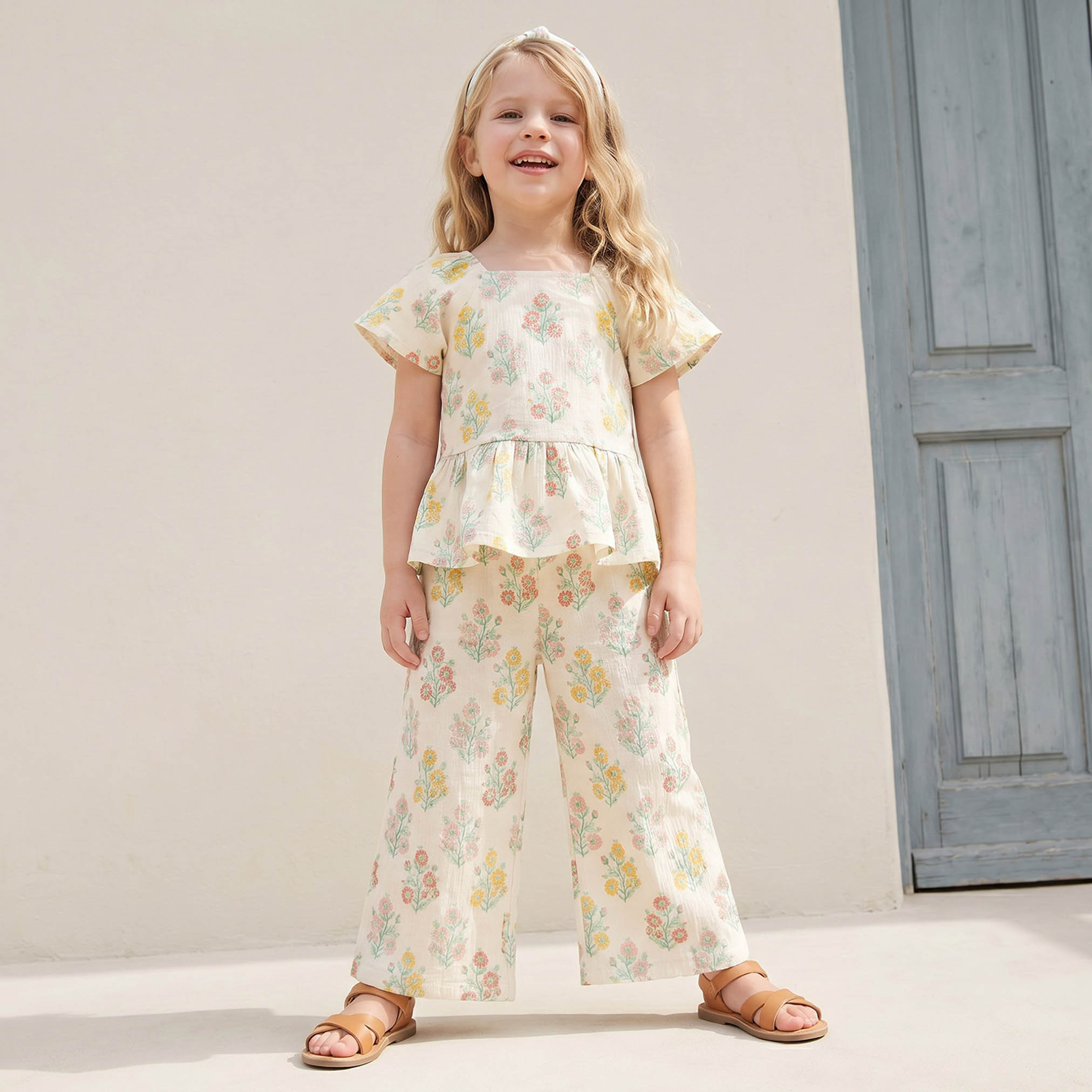 طقم بنطلون وبلوزة بيبلوم بياقة مربعة وأكمام قصيرة وطبعات زهرية من جونيورز-baby-girls-clothing-setsandcoords-image-1