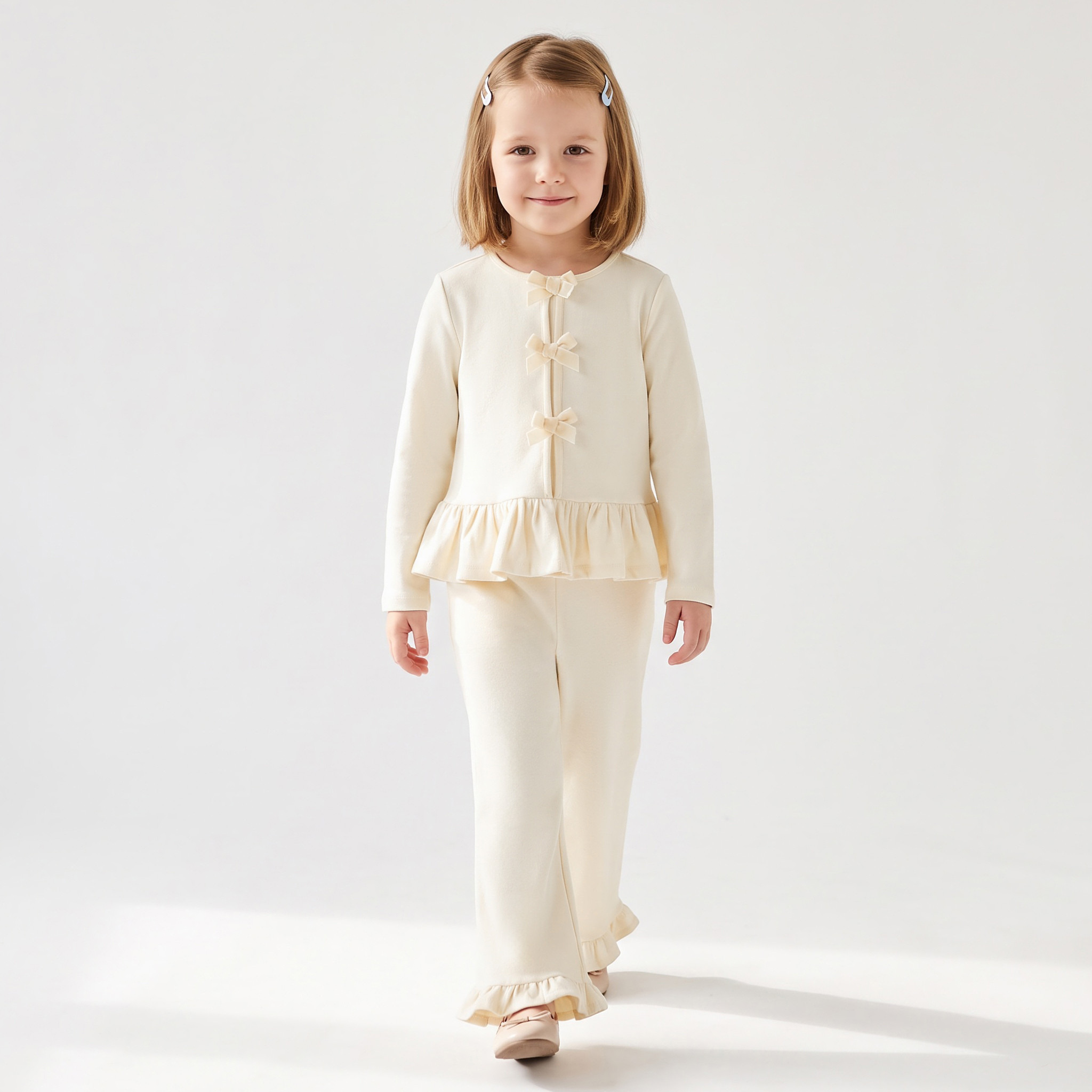 Juniors Round Neck Long Sleeves Peplum Top and Pants Set with Bow Accent-baby-girls-clothing-setsandcoords-image-1