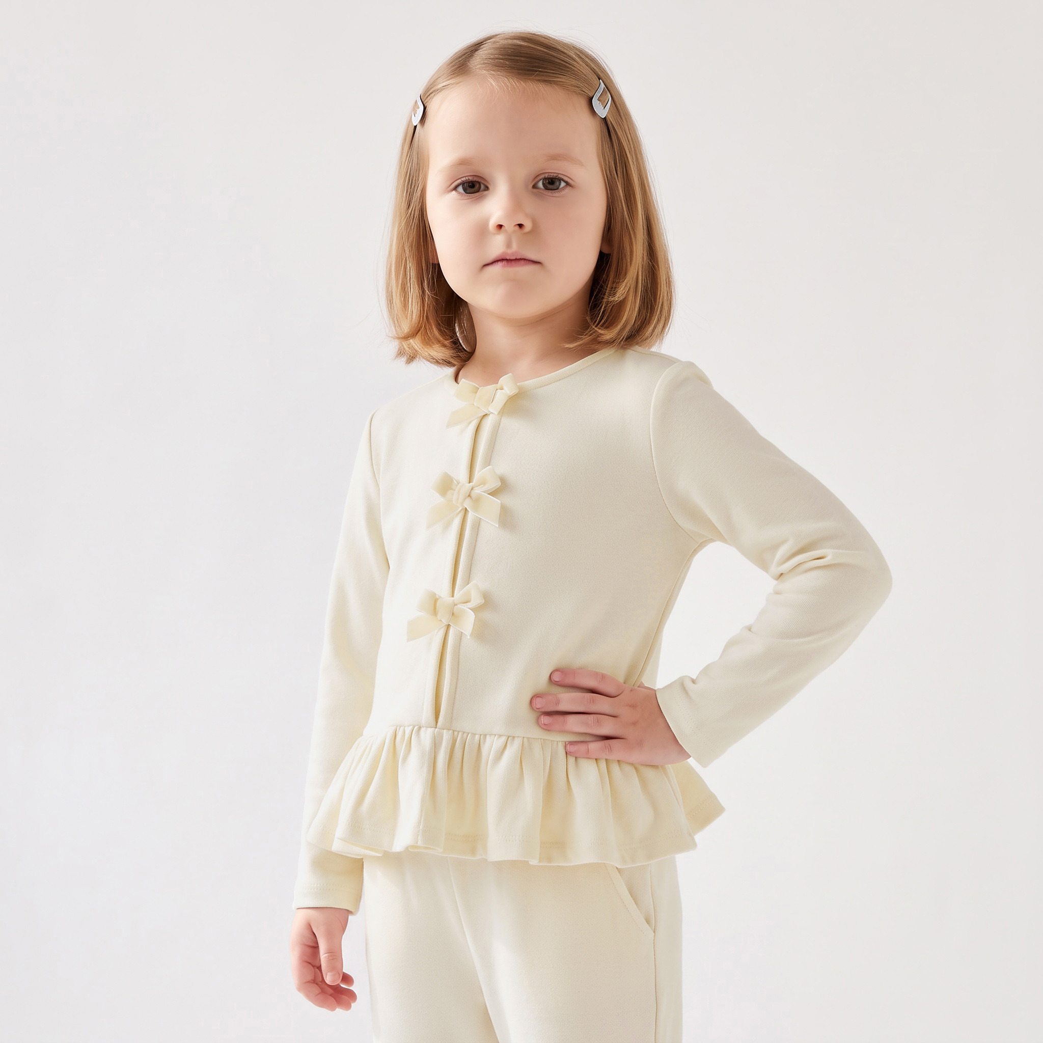 Juniors Round Neck Long Sleeves Peplum Top and Pants Set with Bow Accent-baby-girls-clothing-setsandcoords-image-2