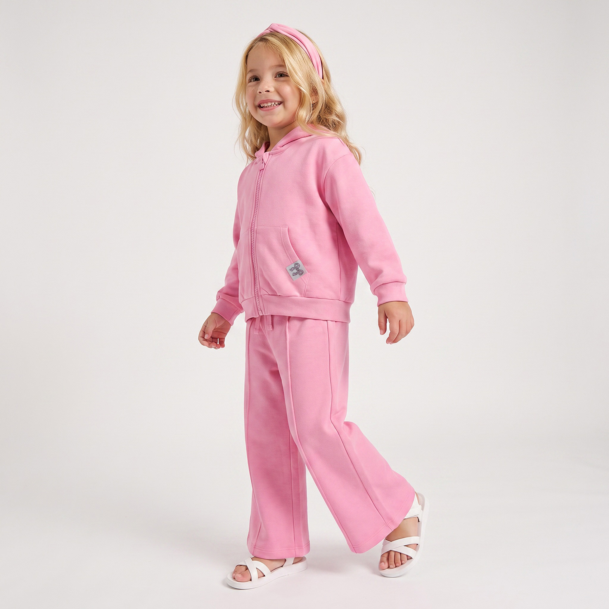 Juniors Long Sleeves Zip Through Hoodie and Trousers Set with Bow Print-baby-girls-clothing-setsandcoords-image-1
