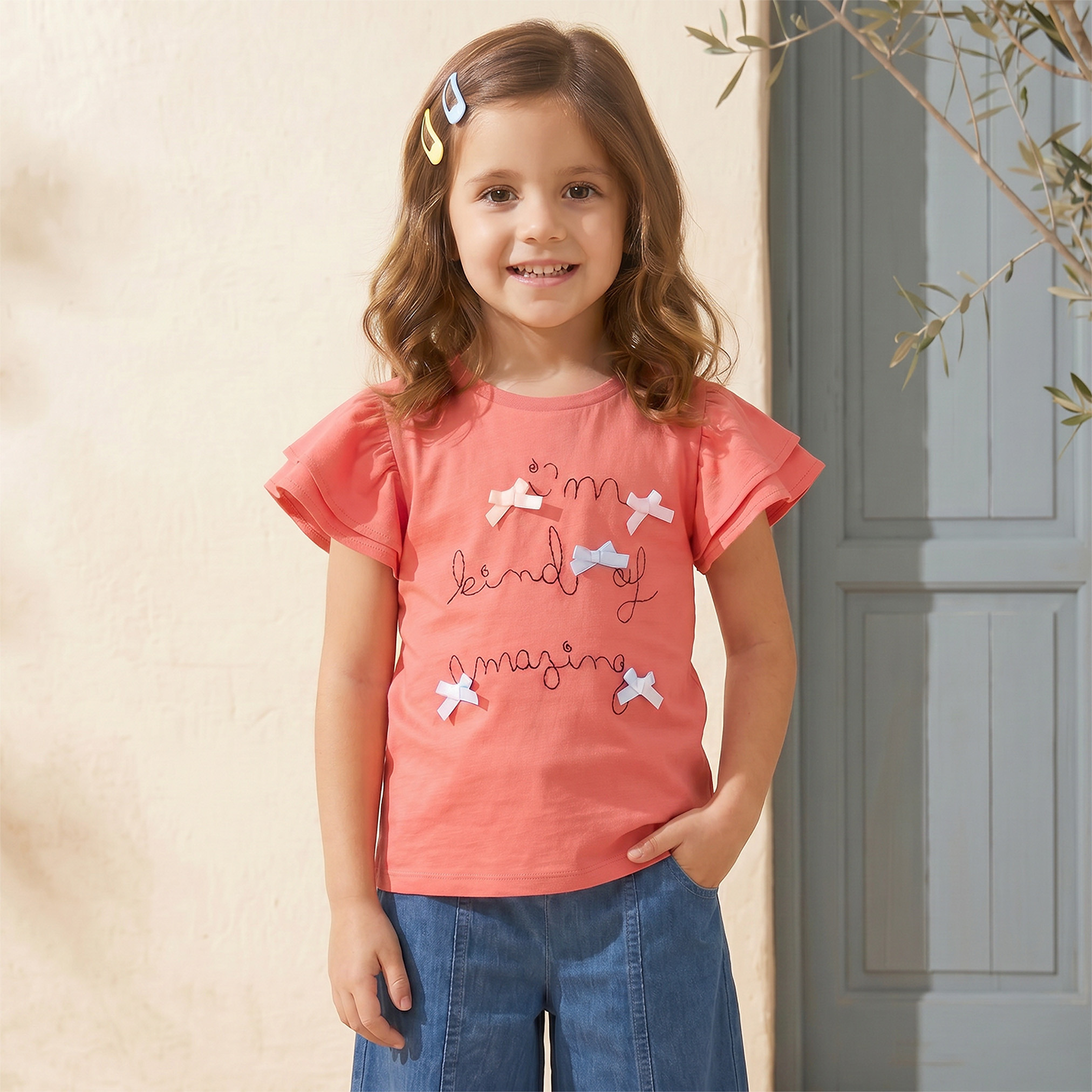 Juniors Round Neck Short Sleeves Top with Bow Accents-girls-clothing-tops-tshirtsandtops-image-1