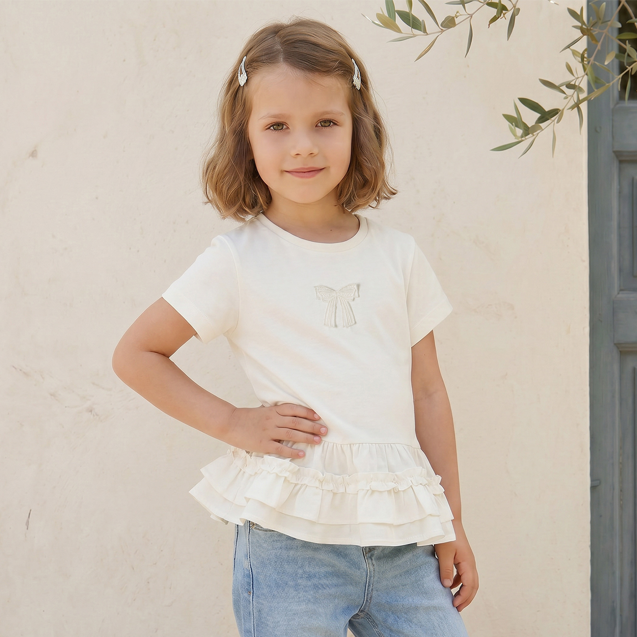 Juniors Crew Neck Short Sleeves Peplum Top with Embellished Bow-girls-clothing-tops-tshirtsandtops-image-1