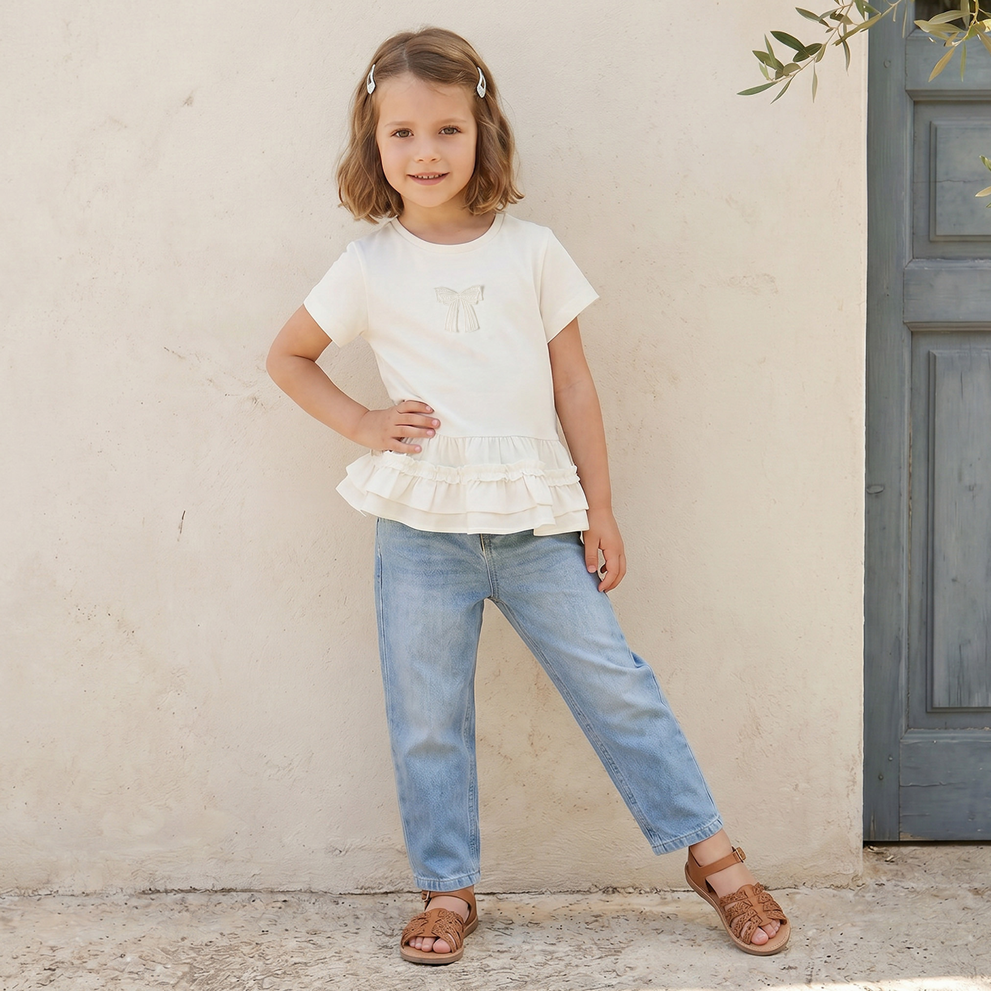 Juniors Crew Neck Short Sleeves Peplum Top with Embellished Bow-girls-clothing-tops-tshirtsandtops-image-2