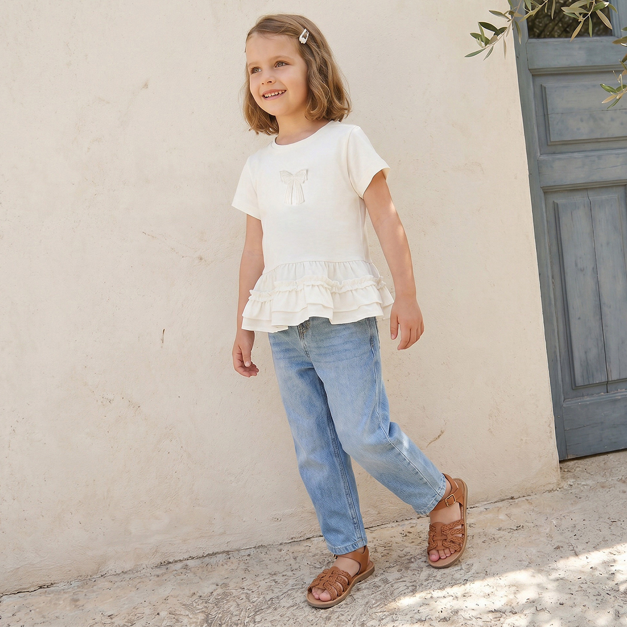Juniors Crew Neck Short Sleeves Peplum Top with Embellished Bow-girls-clothing-tops-tshirtsandtops-image-5