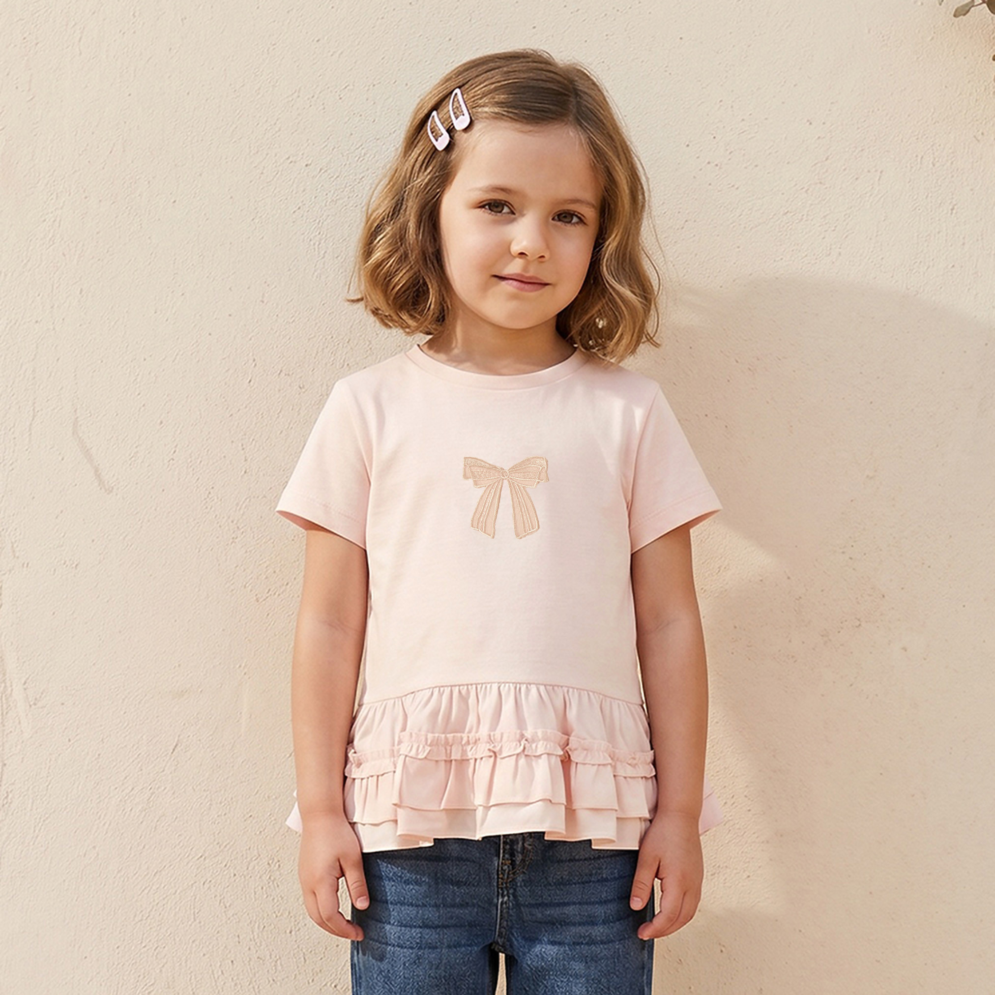بلوزة بيبلوم بفيونكة وياقة ضيقة وأكمام قصيرة من جونيورز-girls-clothing-blousesandshirts-image-1