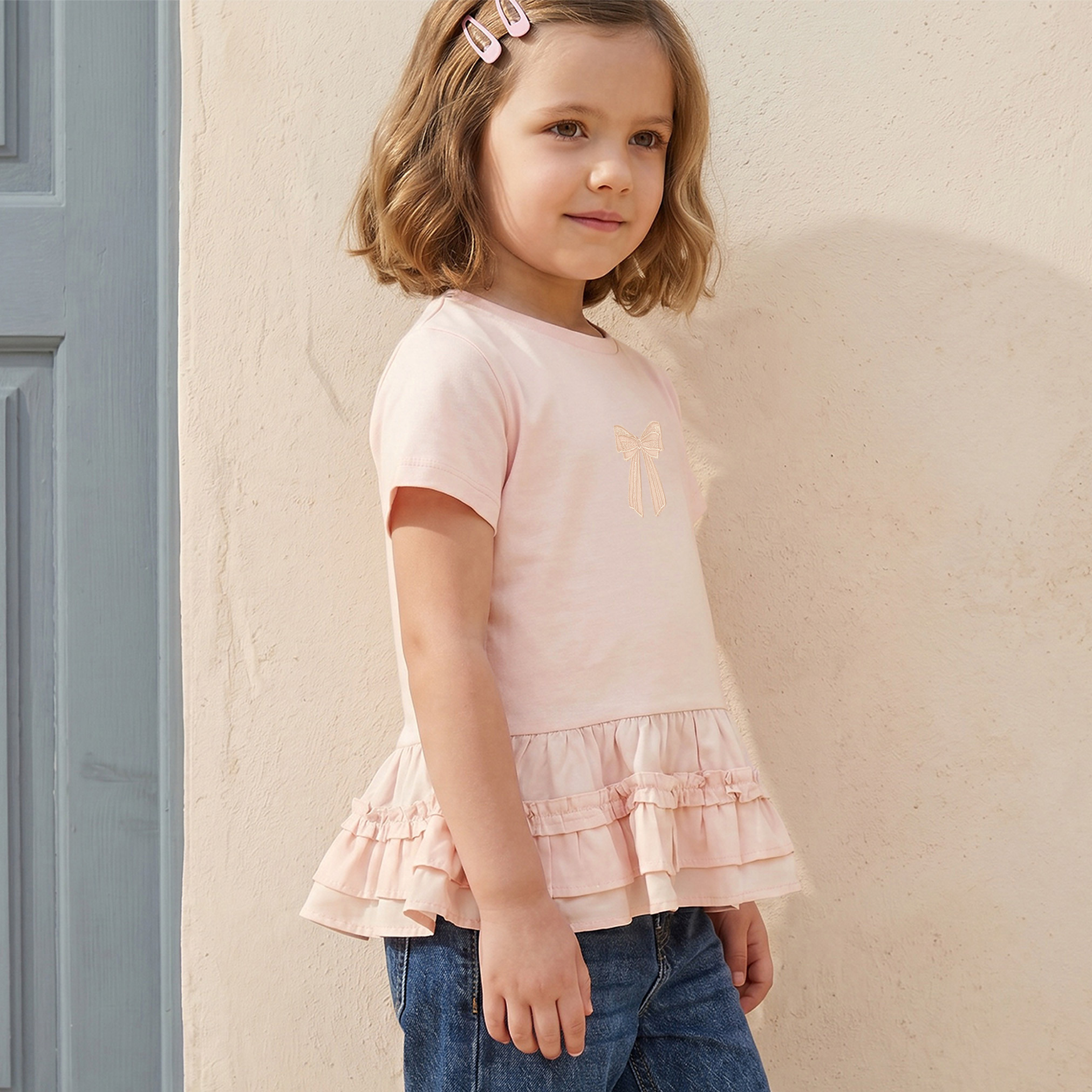 بلوزة بيبلوم بفيونكة وياقة ضيقة وأكمام قصيرة من جونيورز-girls-clothing-blousesandshirts-image-5