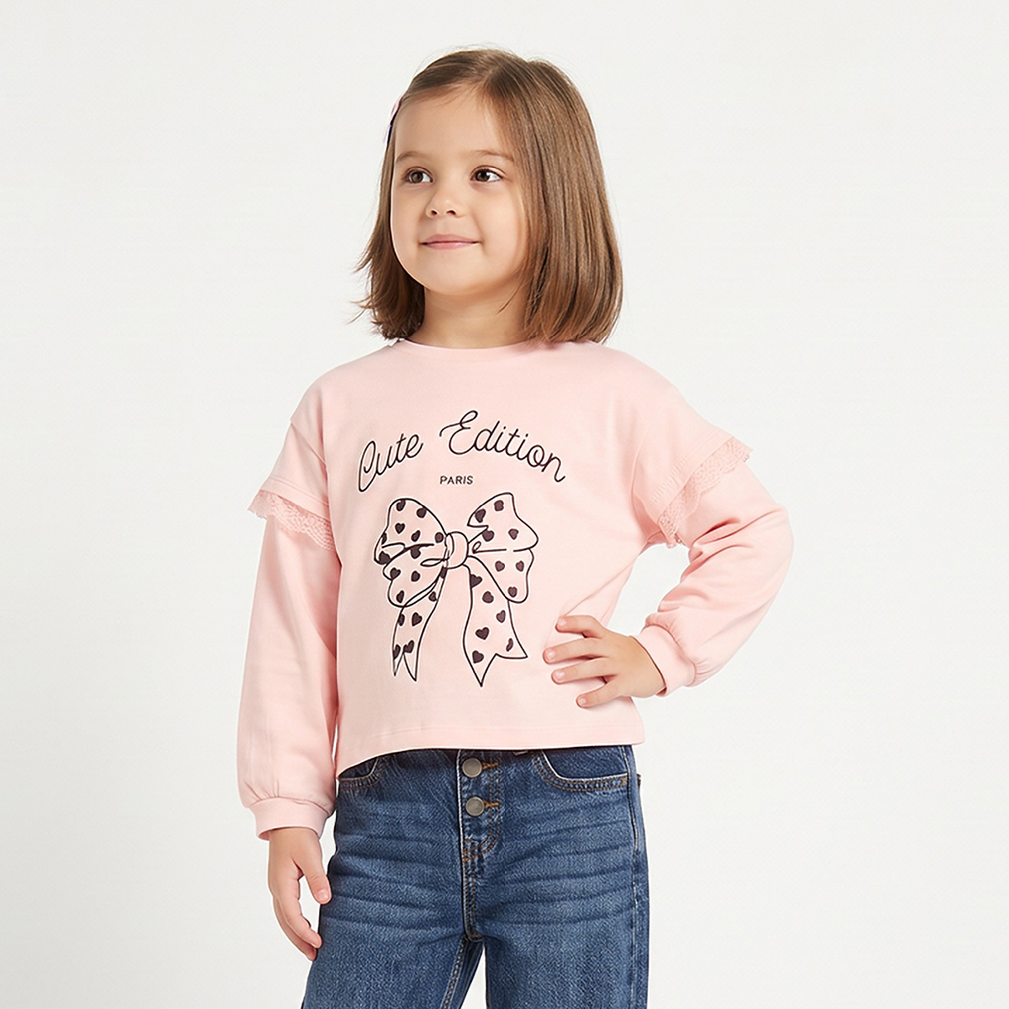 Juniors Crew Neck Long Sleeves T-shirt with Bow Print-girls-clothing-tshirts-image-1