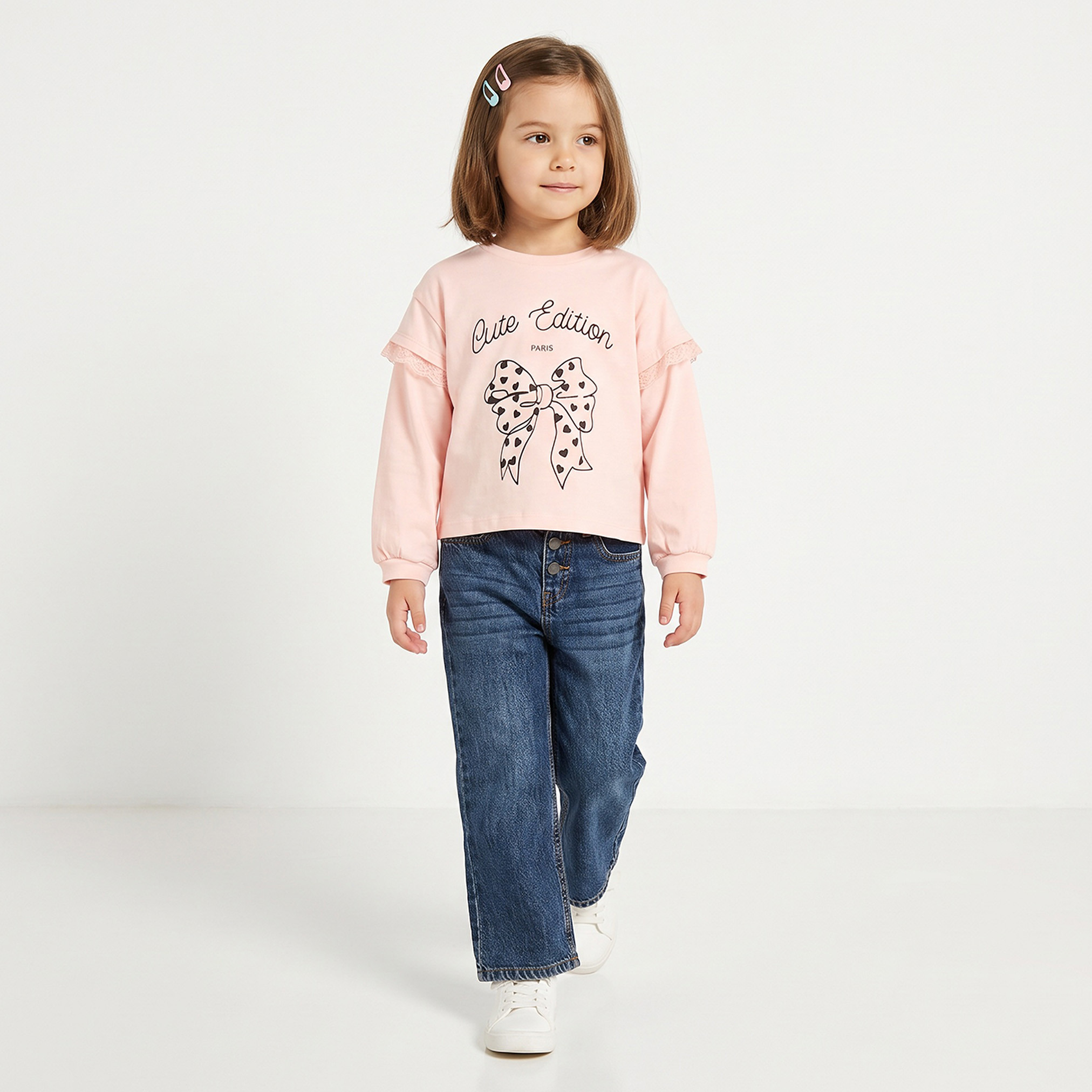 Juniors Crew Neck Long Sleeves T-shirt with Bow Print-girls-clothing-tshirts-image-2