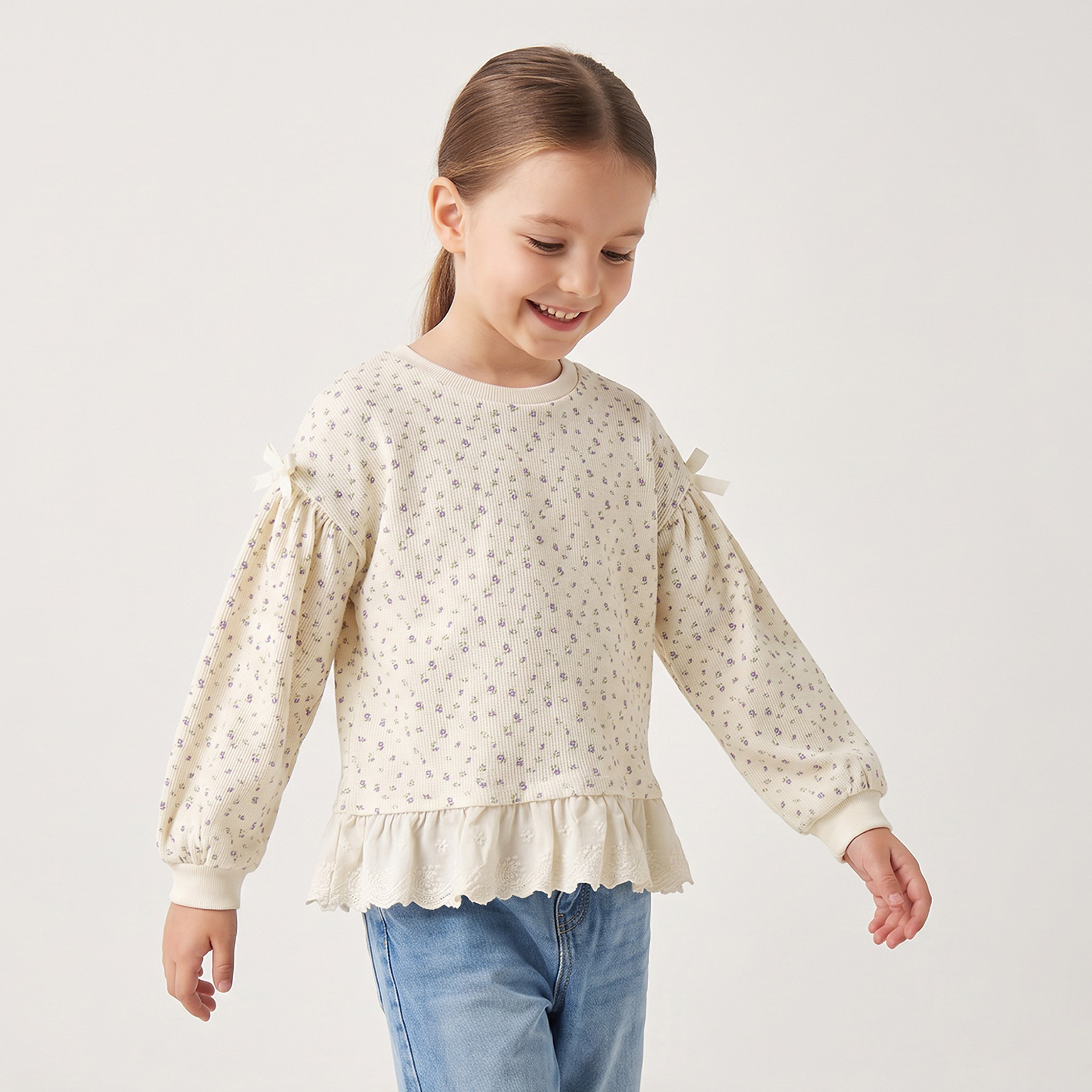 Juniors Floral Print Top with Cuffed Sleeves-girls-clothing-tshirts-image-1