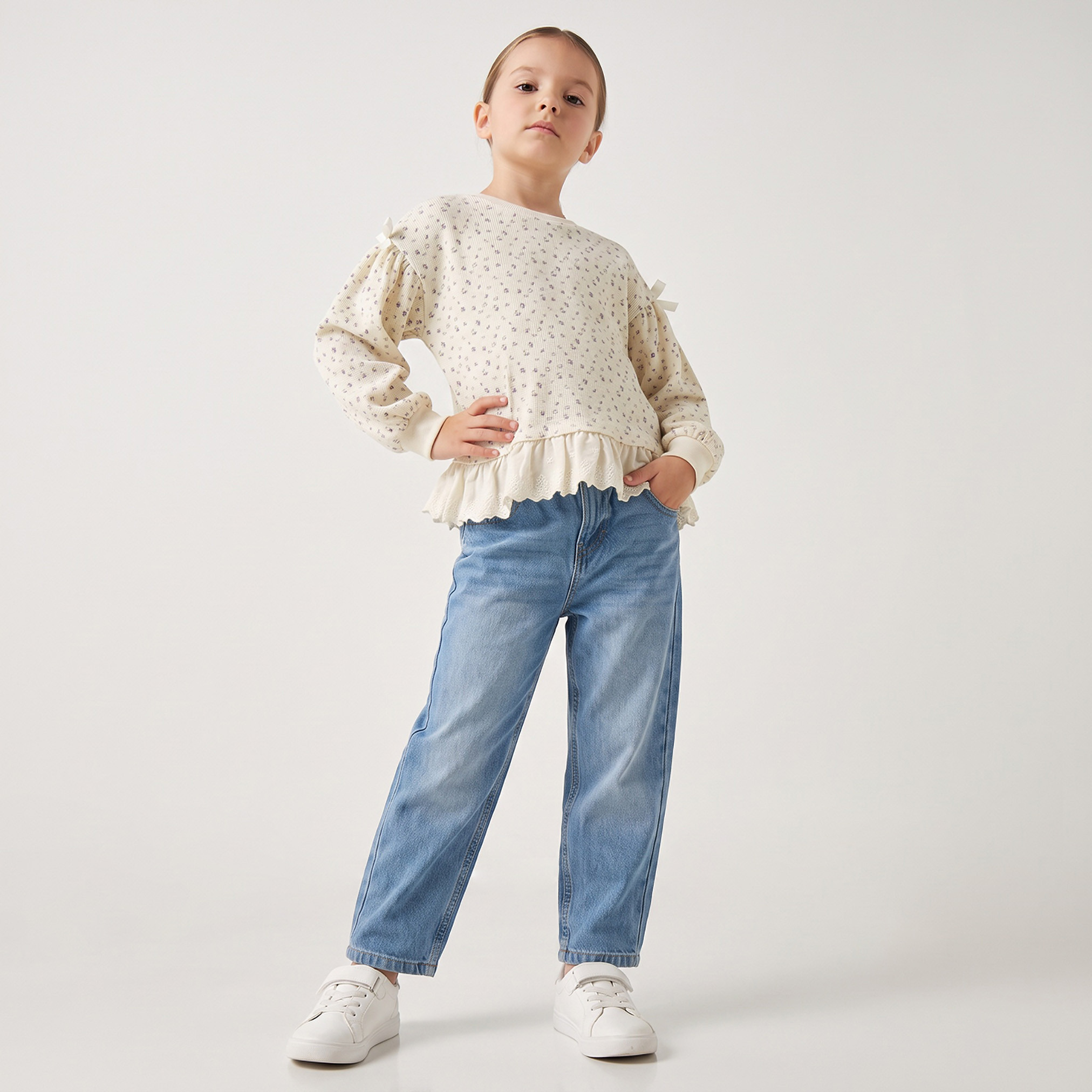 Juniors Floral Print Top with Cuffed Sleeves-girls-clothing-tshirts-image-2