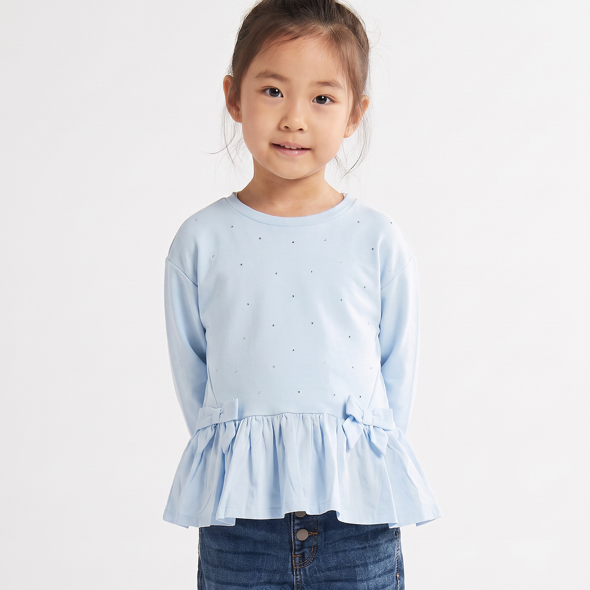 Juniors Round Neck Long Sleeves Peplum Top with Bow Accent-girls-clothing-tshirts-image-1