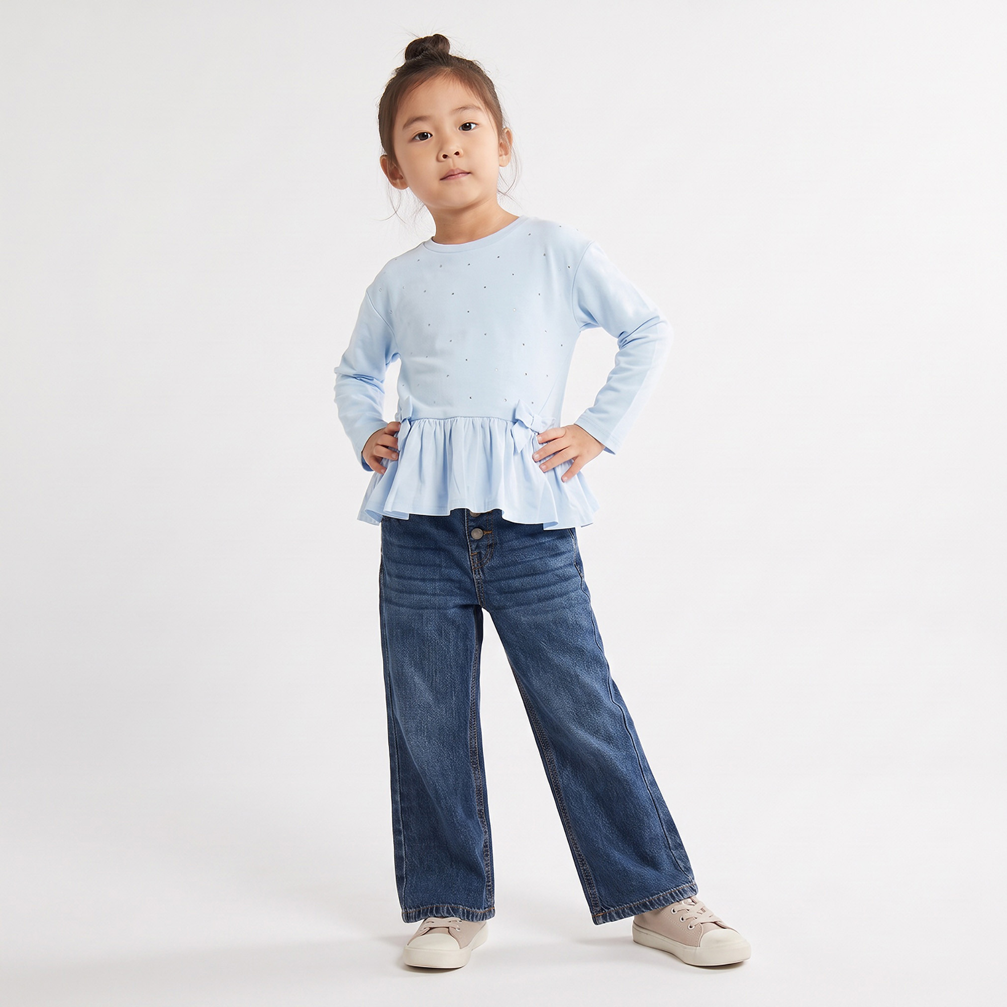 Juniors Round Neck Long Sleeves Peplum Top with Bow Accent-girls-clothing-tshirts-image-2