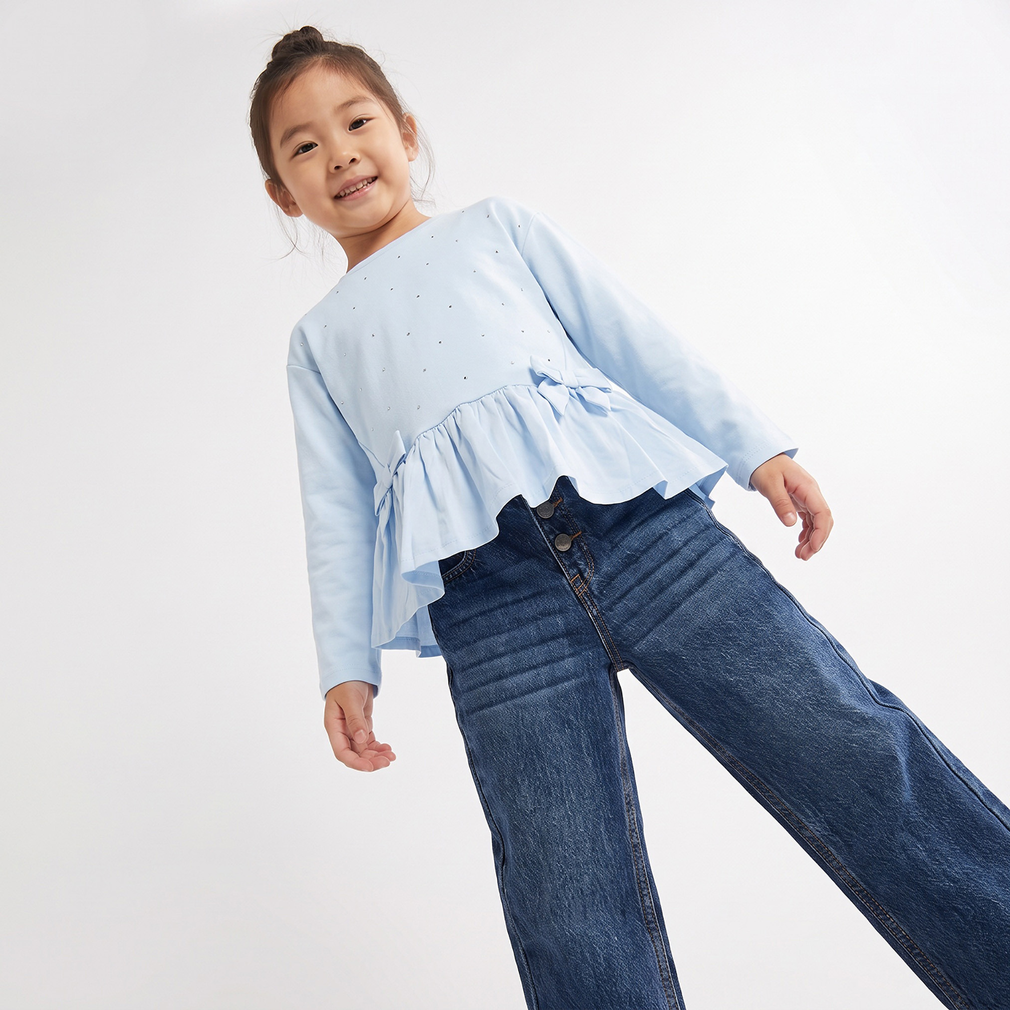 Juniors Round Neck Long Sleeves Peplum Top with Bow Accent-girls-clothing-tshirts-image-6