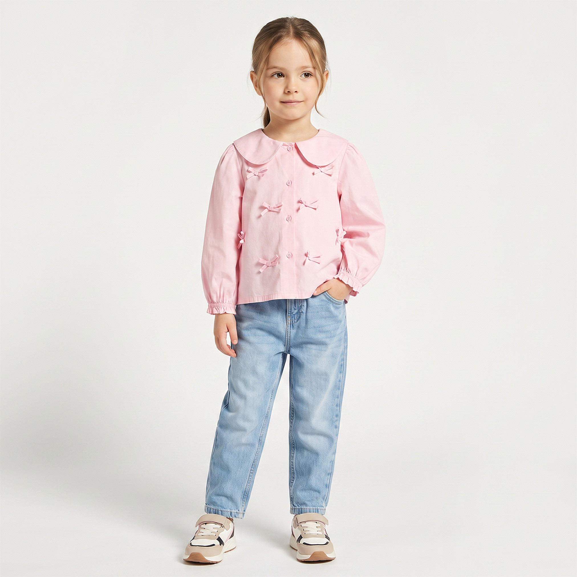 Juniors Peter Pan Collar Long Sleeves Top with Bow Accent-girls-clothing-blousesandshirts-image-2