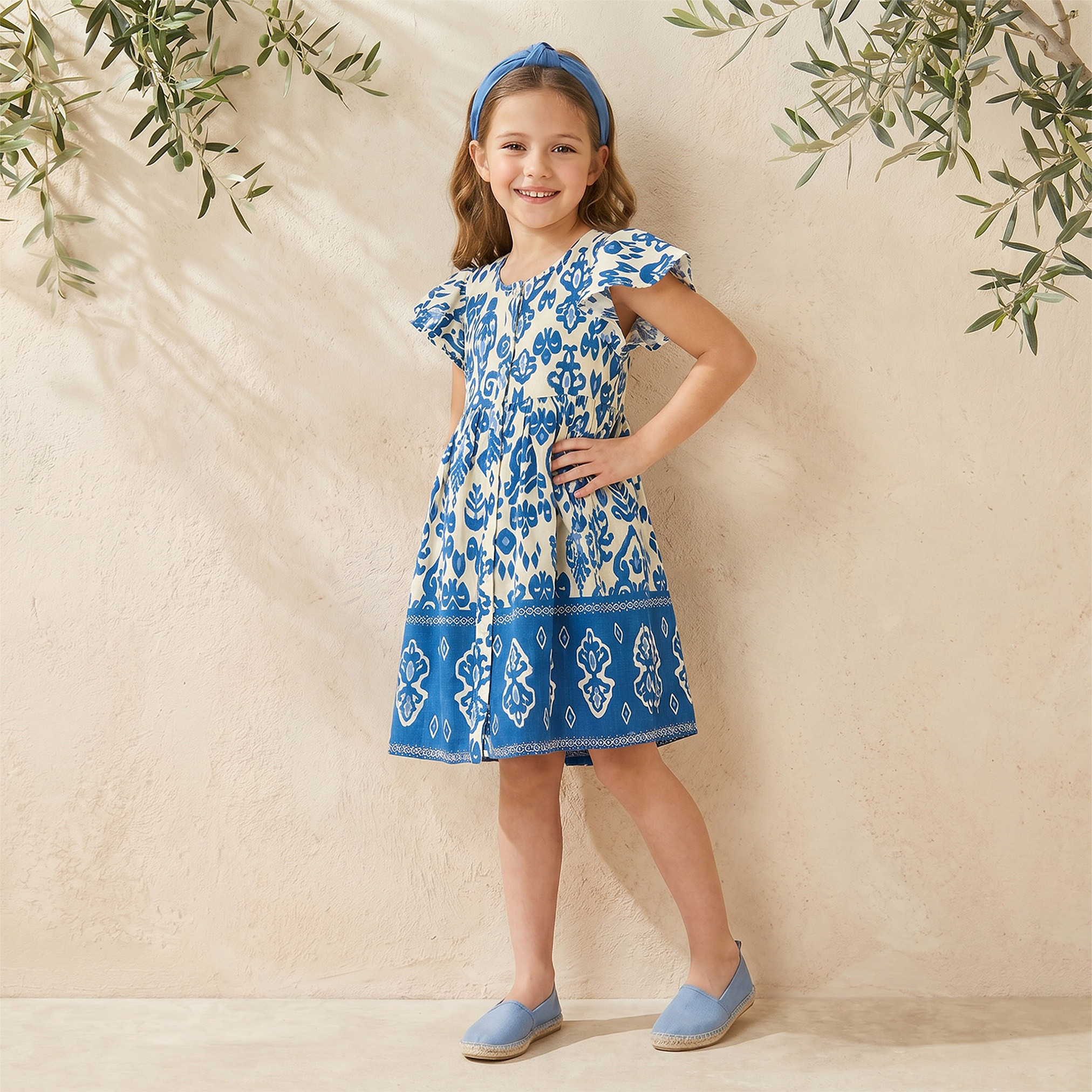 فستان بطول الركبة وياقة مستديرة وأكمام قصيرة وطبعات من جونيورز-girls-clothing-dressesandjumpsuits-image-5