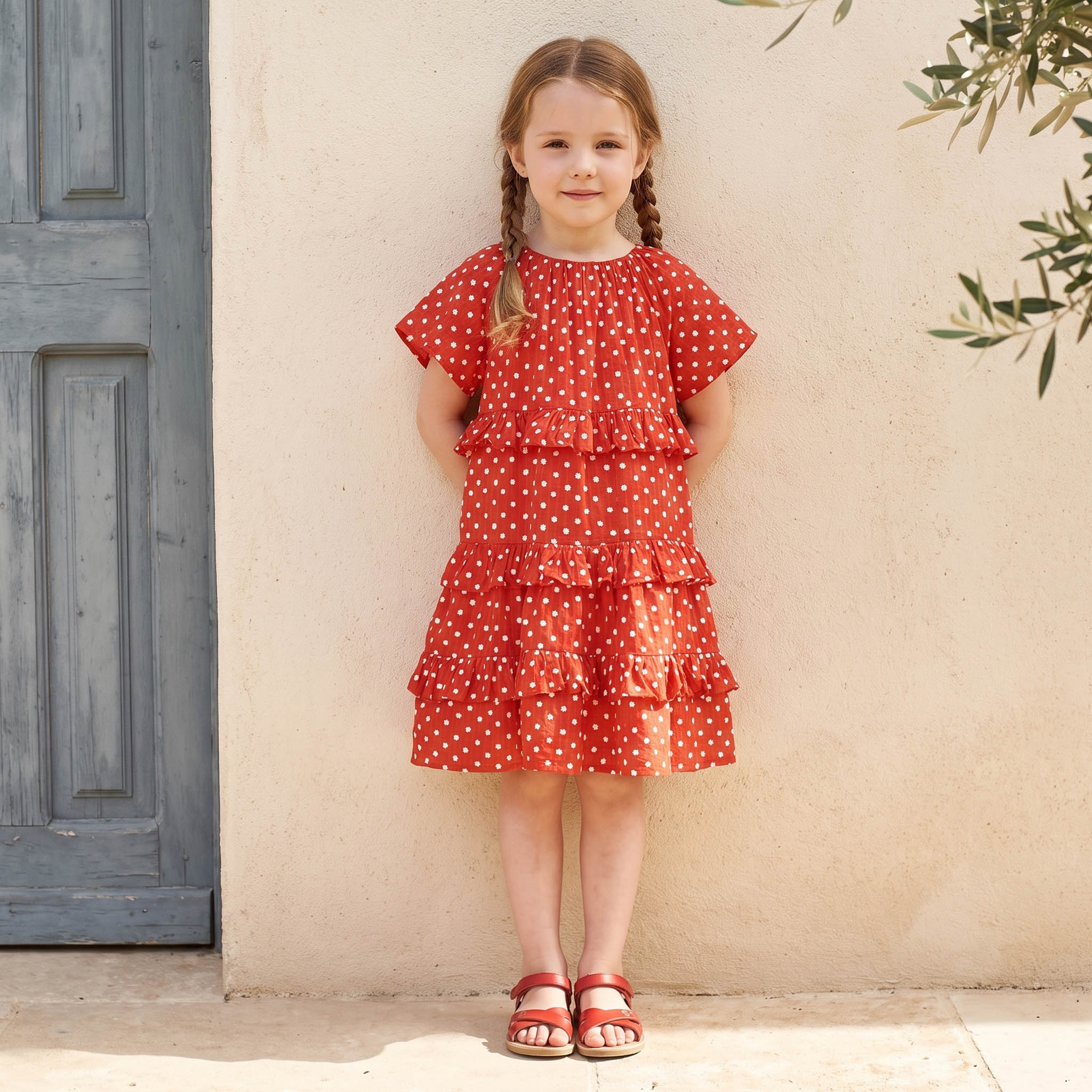 فستان متعدد الطبقات طول الركبة بياقة مستديرة وأكمام قصيرة وطبعات أزهار من جونيورز-girls-clothing-dressesandjumpsuits-image-2