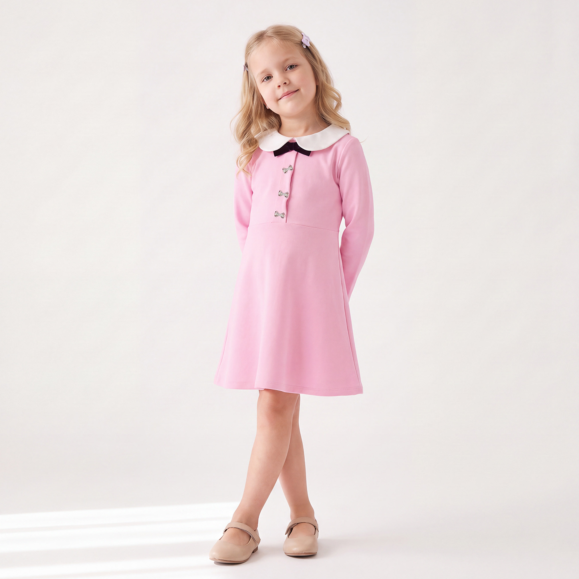 Juniors Collared Long Sleeves Knee Length Dress with Embellished Bow-girls-clothing-dressesandjumpsuits-image-1