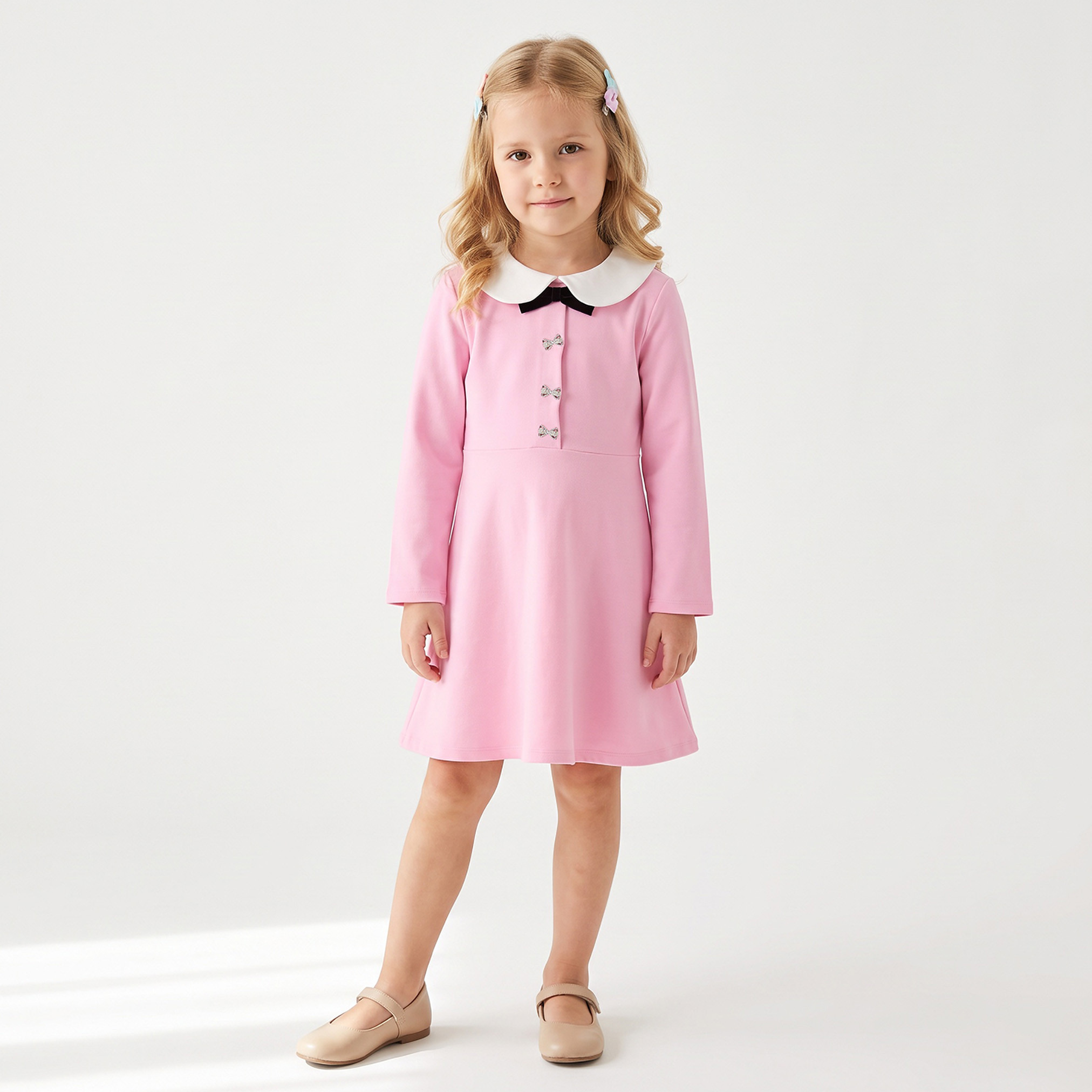 Juniors Collared Long Sleeves Knee Length Dress with Embellished Bow-girls-clothing-dressesandjumpsuits-image-2