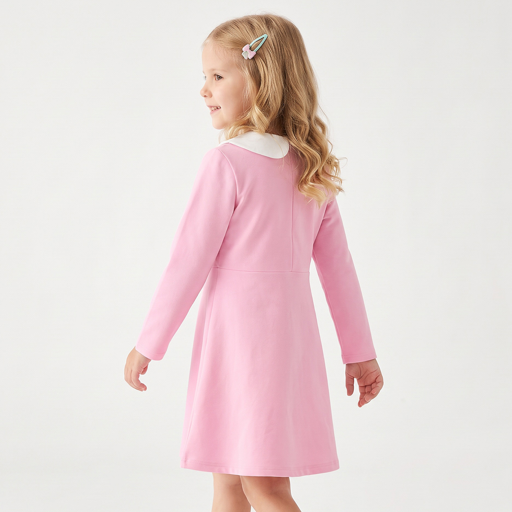Juniors Collared Long Sleeves Knee Length Dress with Embellished Bow-girls-clothing-dressesandjumpsuits-image-3