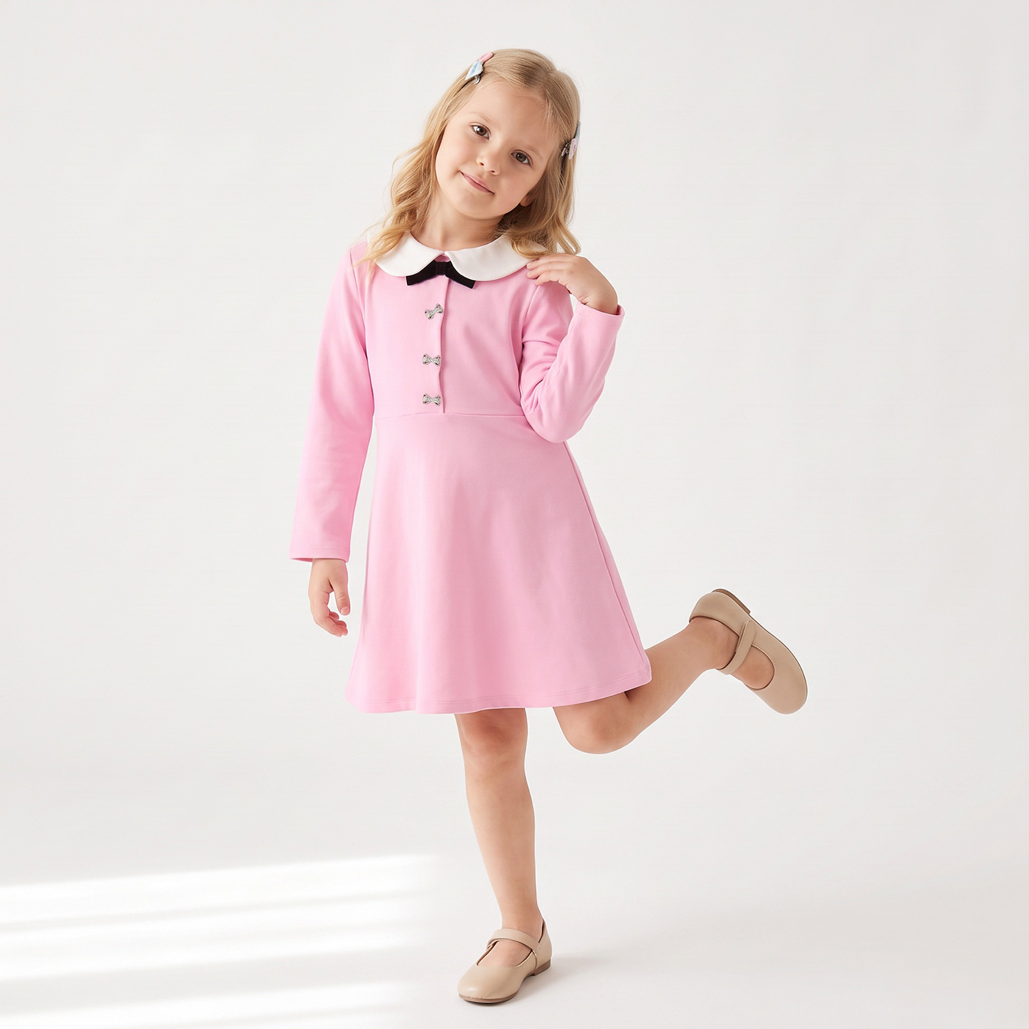 Juniors Collared Long Sleeves Knee Length Dress with Embellished Bow-girls-clothing-dressesandjumpsuits-image-4