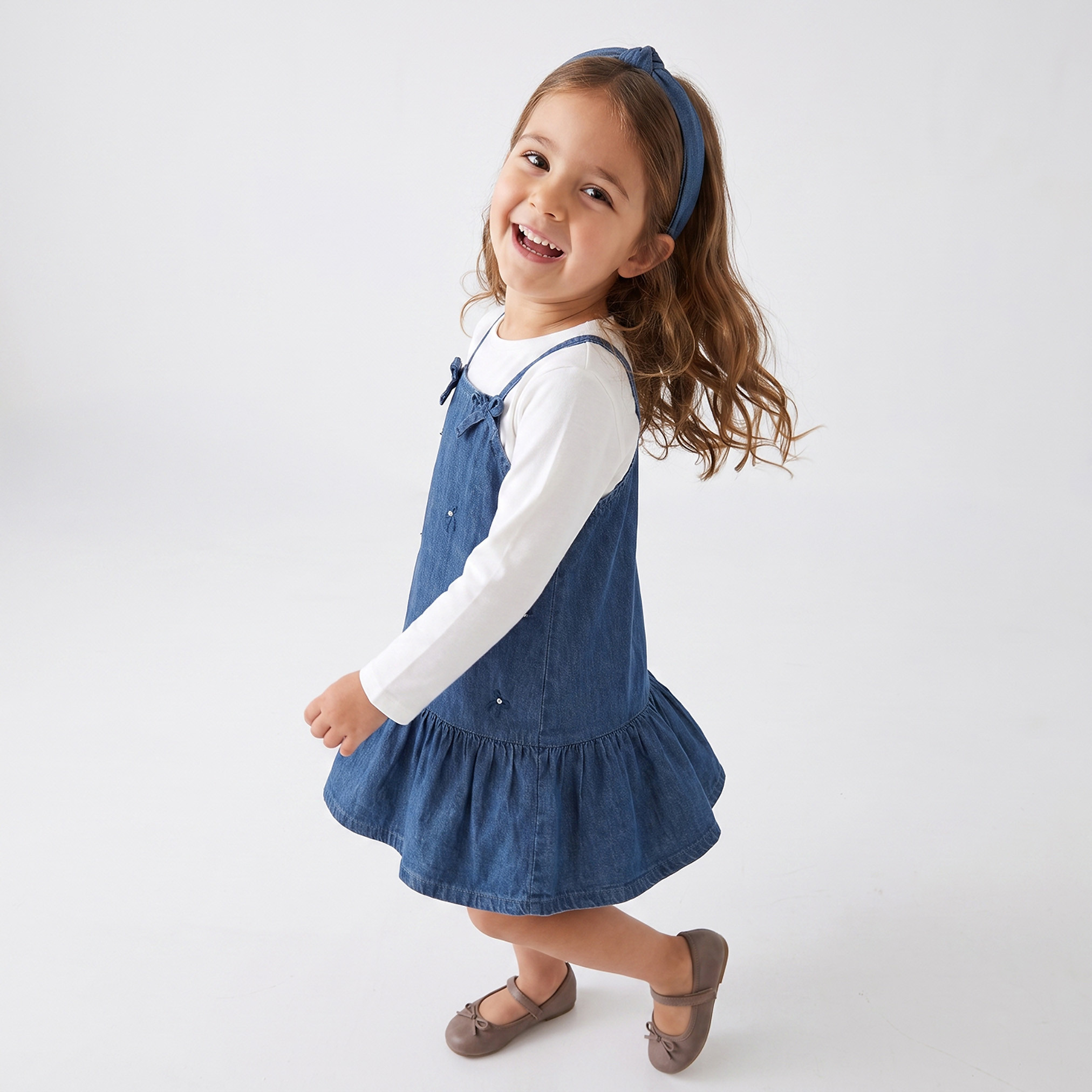 Juniors Square Neck Sleeveless Knee Length Denim Pinafore with T-shirt-girls-clothing-dressesandjumpsuits-image-1