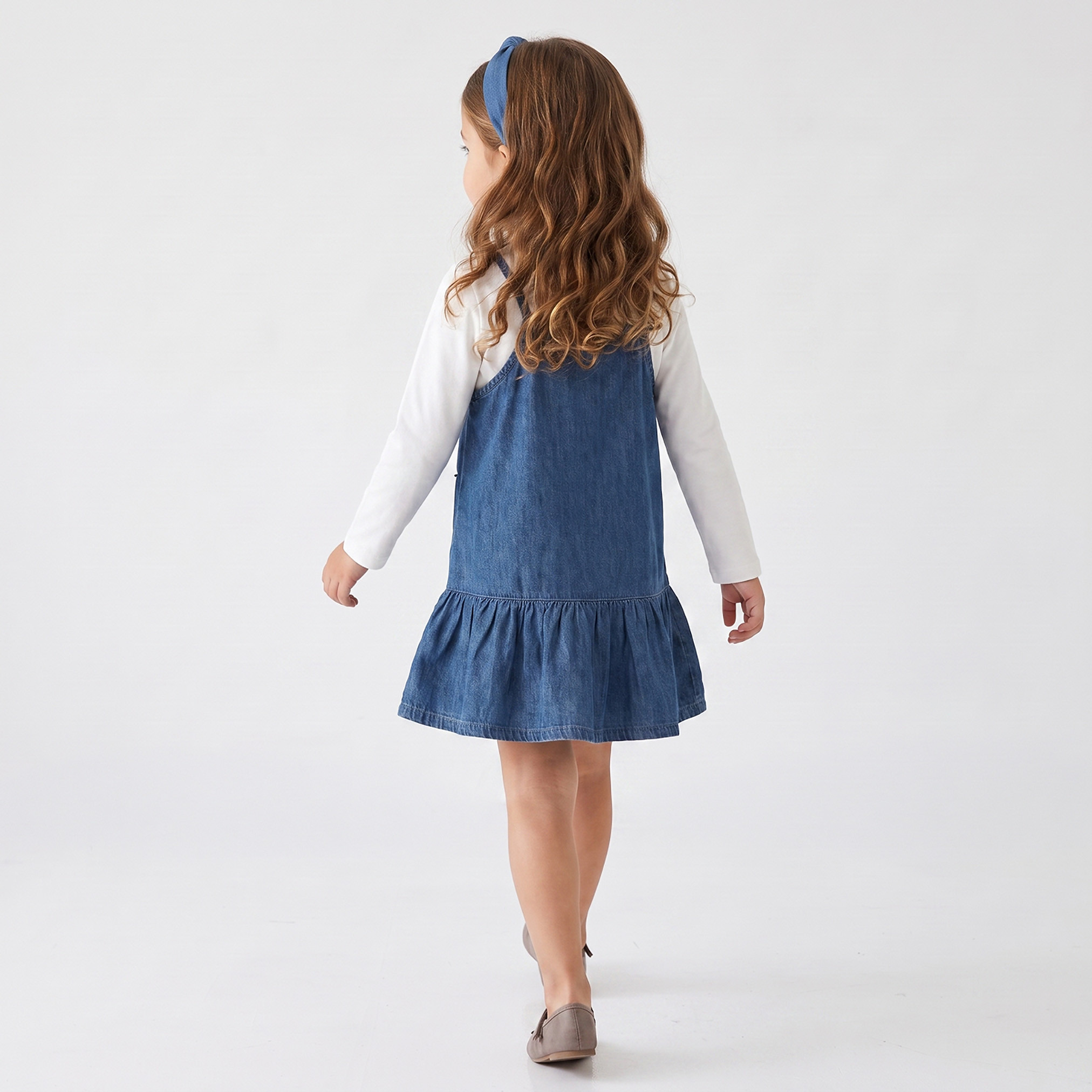 Juniors Square Neck Sleeveless Knee Length Denim Pinafore with T-shirt-girls-clothing-dressesandjumpsuits-image-2
