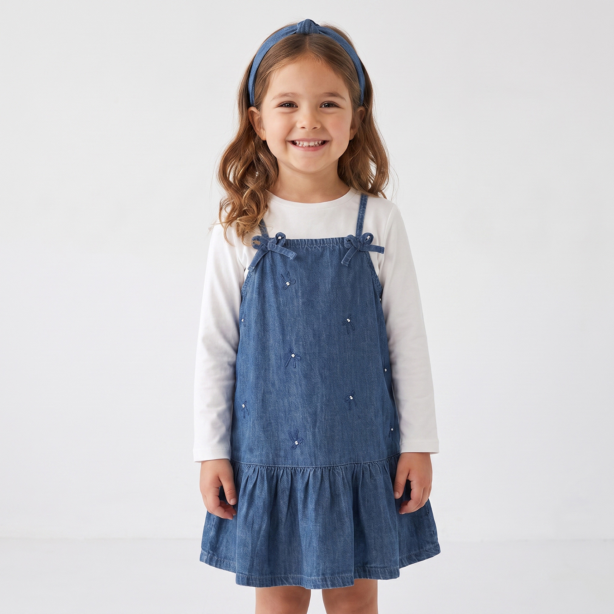 Juniors Square Neck Sleeveless Knee Length Denim Pinafore with T-shirt-girls-clothing-dressesandjumpsuits-image-3