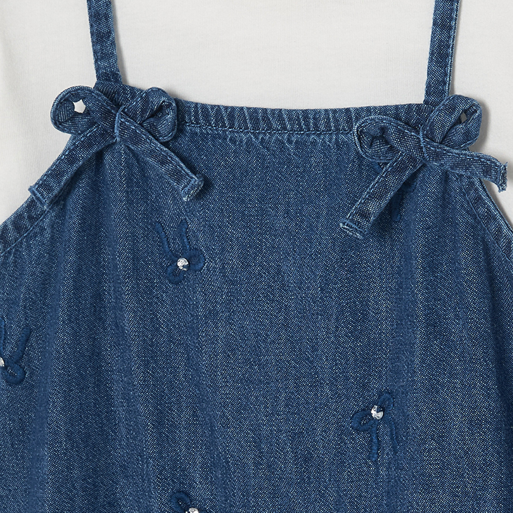 Juniors Square Neck Sleeveless Knee Length Denim Pinafore with T-shirt-girls-clothing-dressesandjumpsuits-image-4