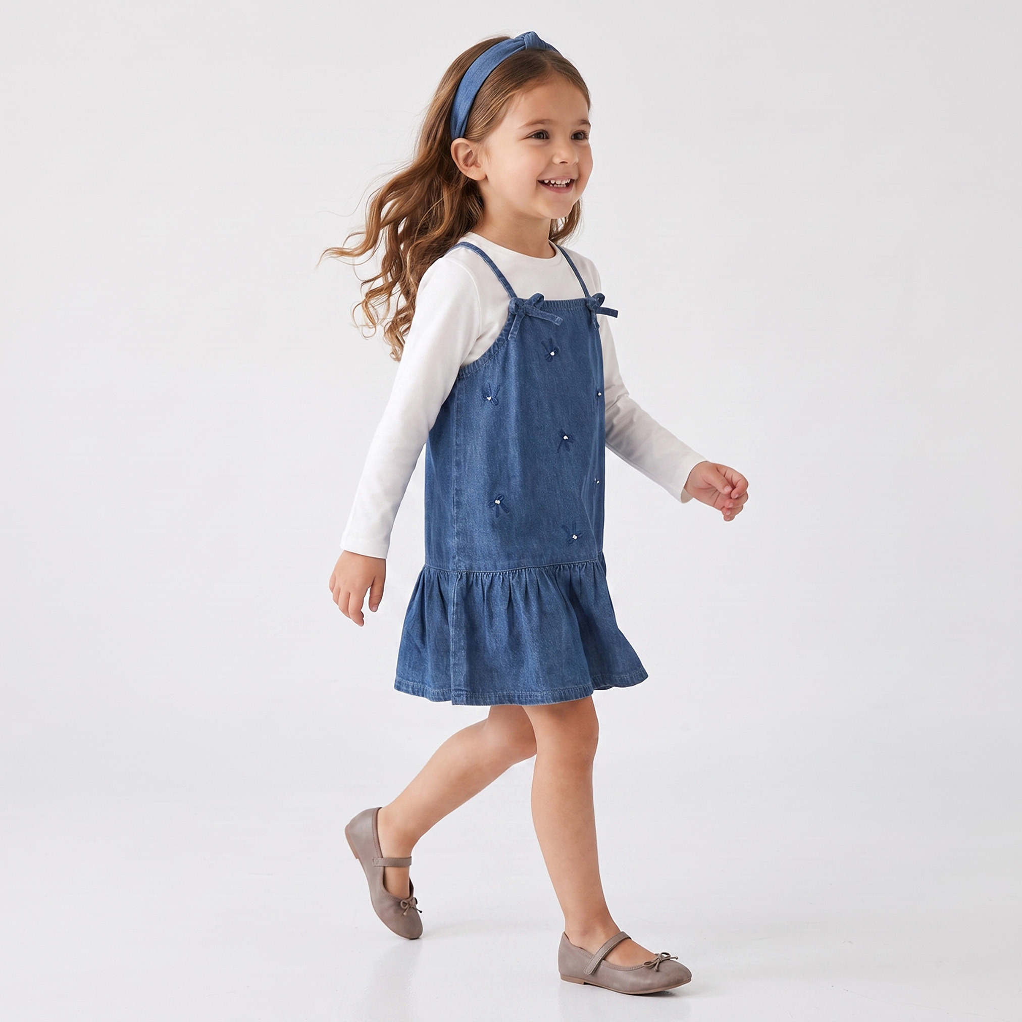 Juniors Square Neck Sleeveless Knee Length Denim Pinafore with T-shirt-girls-clothing-dressesandjumpsuits-image-5