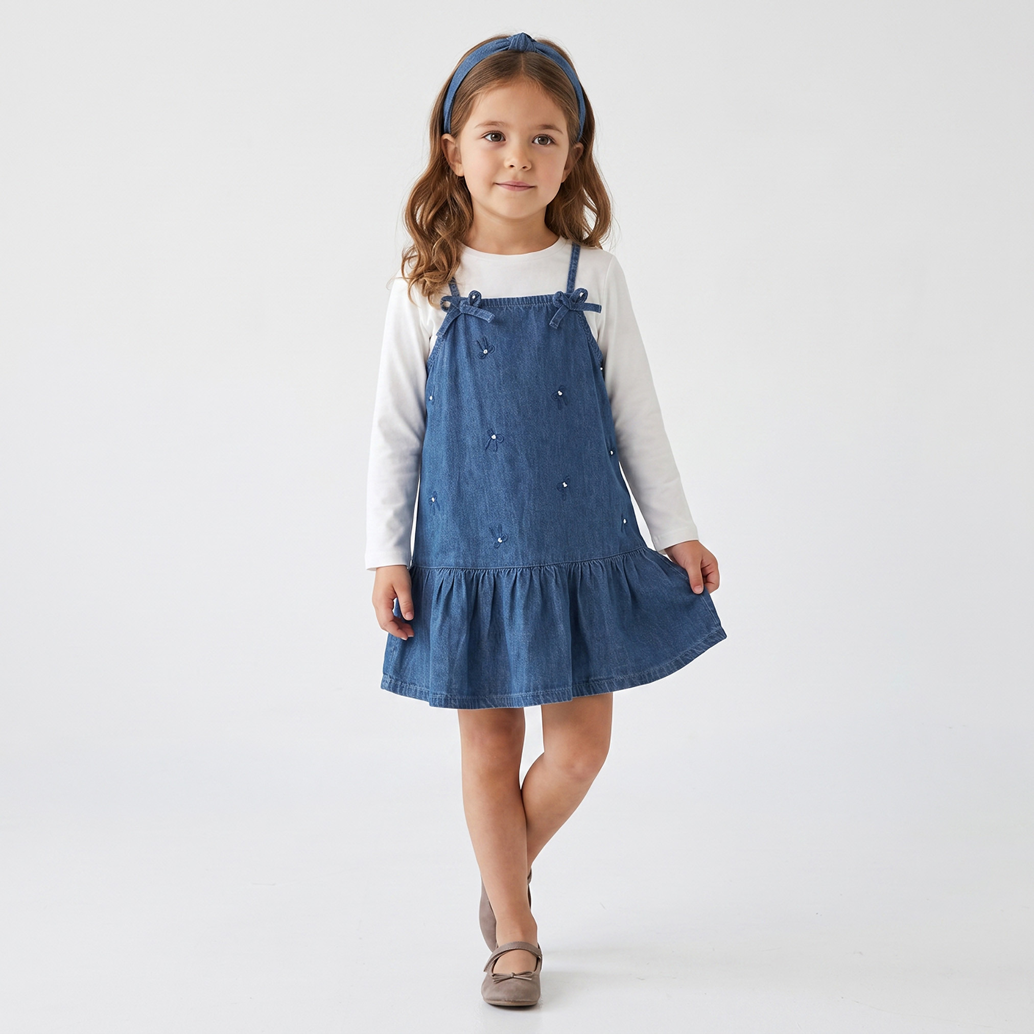Juniors Square Neck Sleeveless Knee Length Denim Pinafore with T-shirt-girls-clothing-dressesandjumpsuits-image-6