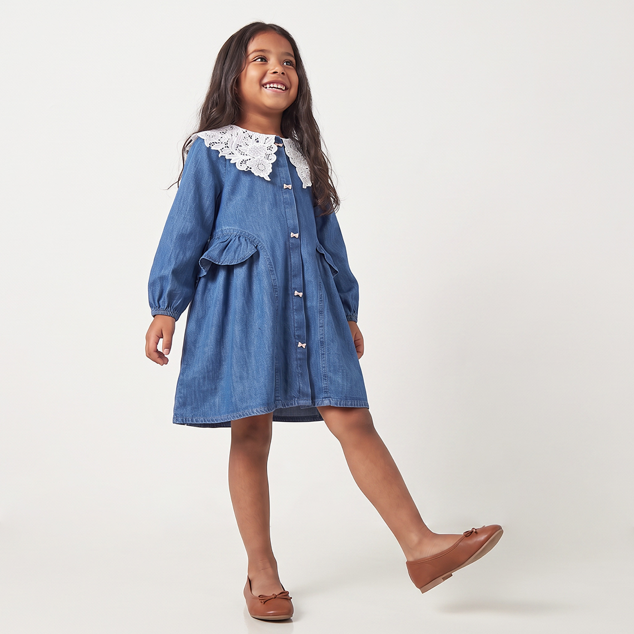 Juniors Peter Pan Collar Long Sleeves Knee Length A-line Denim Dress with Lace Detail-girls-clothing-dressesandjumpsuits-image-1