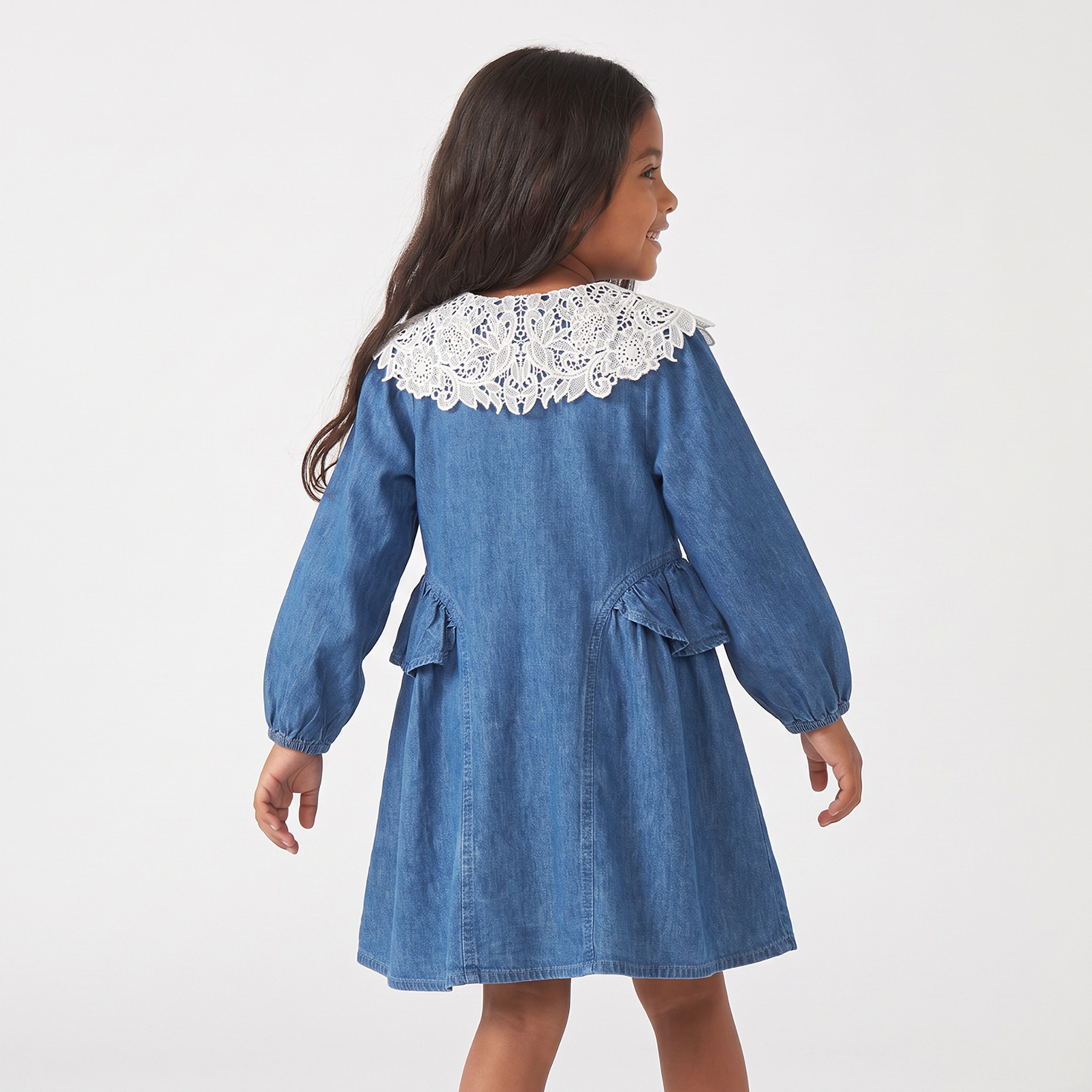Juniors Peter Pan Collar Long Sleeves Knee Length A-line Denim Dress with Lace Detail-girls-clothing-dressesandjumpsuits-image-2