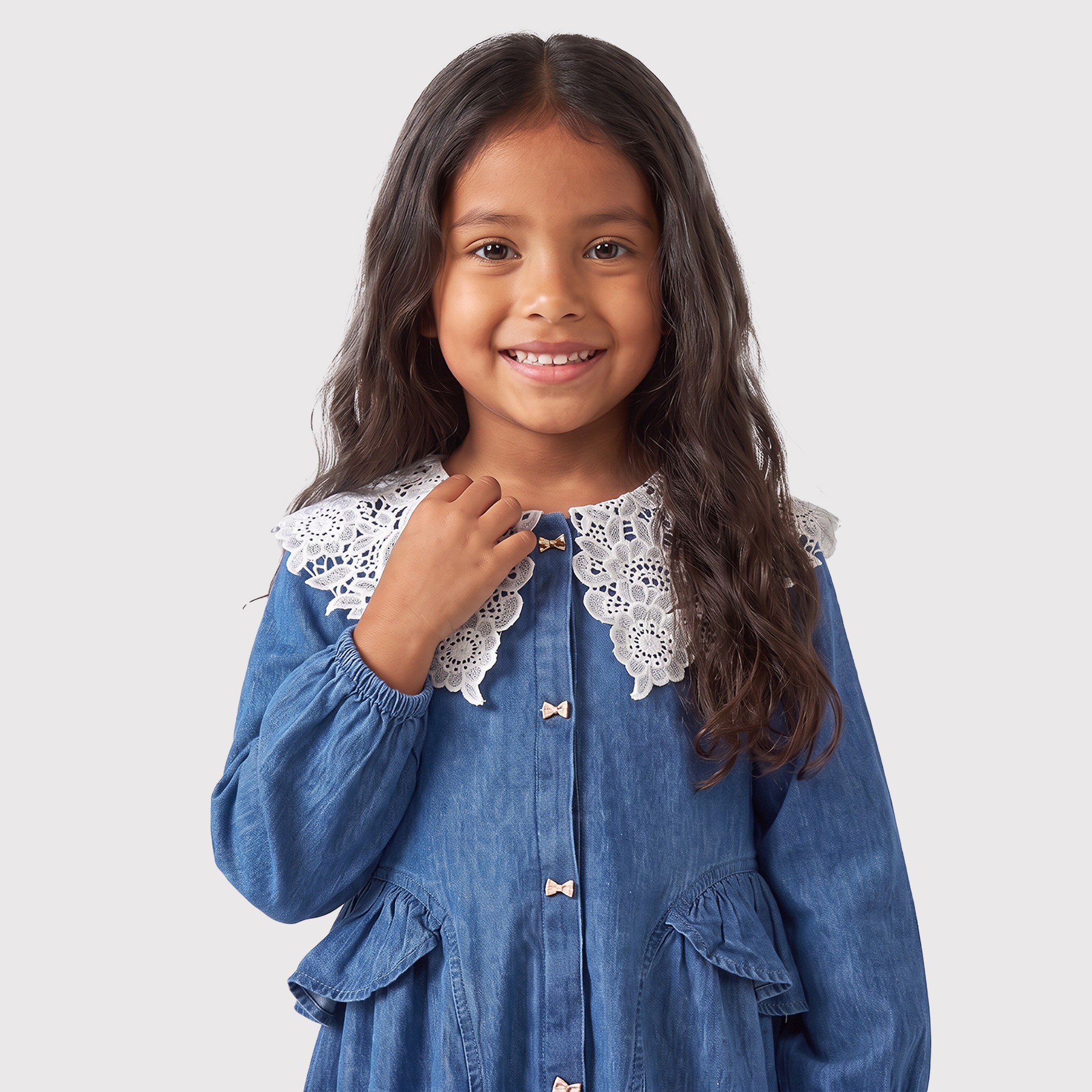 Juniors Peter Pan Collar Long Sleeves Knee Length A-line Denim Dress with Lace Detail-girls-clothing-dressesandjumpsuits-image-3