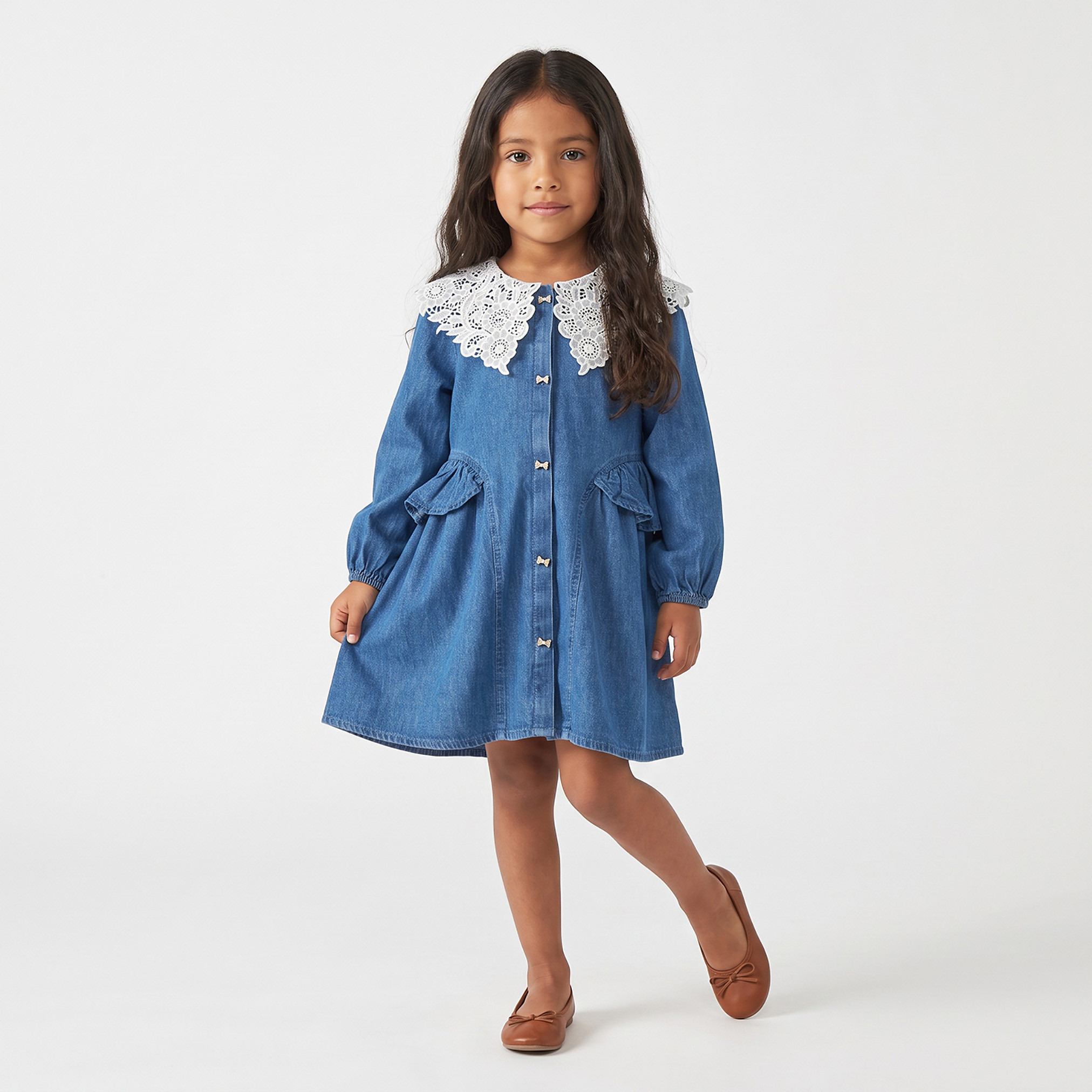 Juniors Peter Pan Collar Long Sleeves Knee Length A-line Denim Dress with Lace Detail-girls-clothing-dressesandjumpsuits-image-4